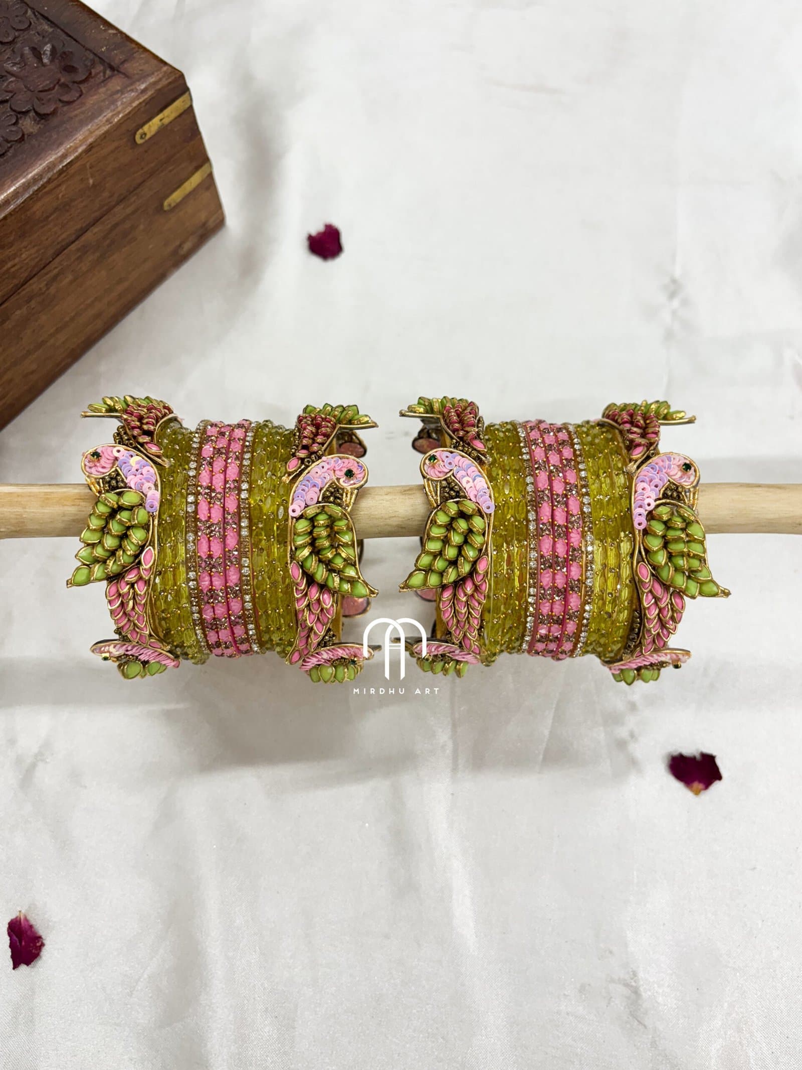 Kundan Bangles – Parrot style ( Pista green and Baby Pink) from Bangle by Choice