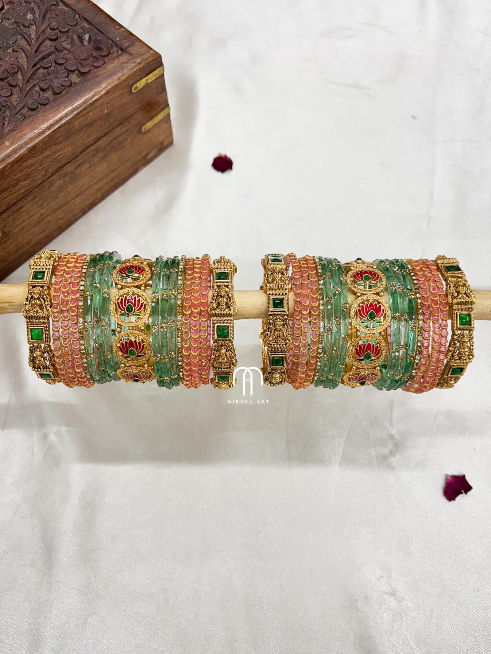 Ashta Lakshmi With Lotus Bangles – Baby pink & turquoise green (one hand set) from Bangle by Choice