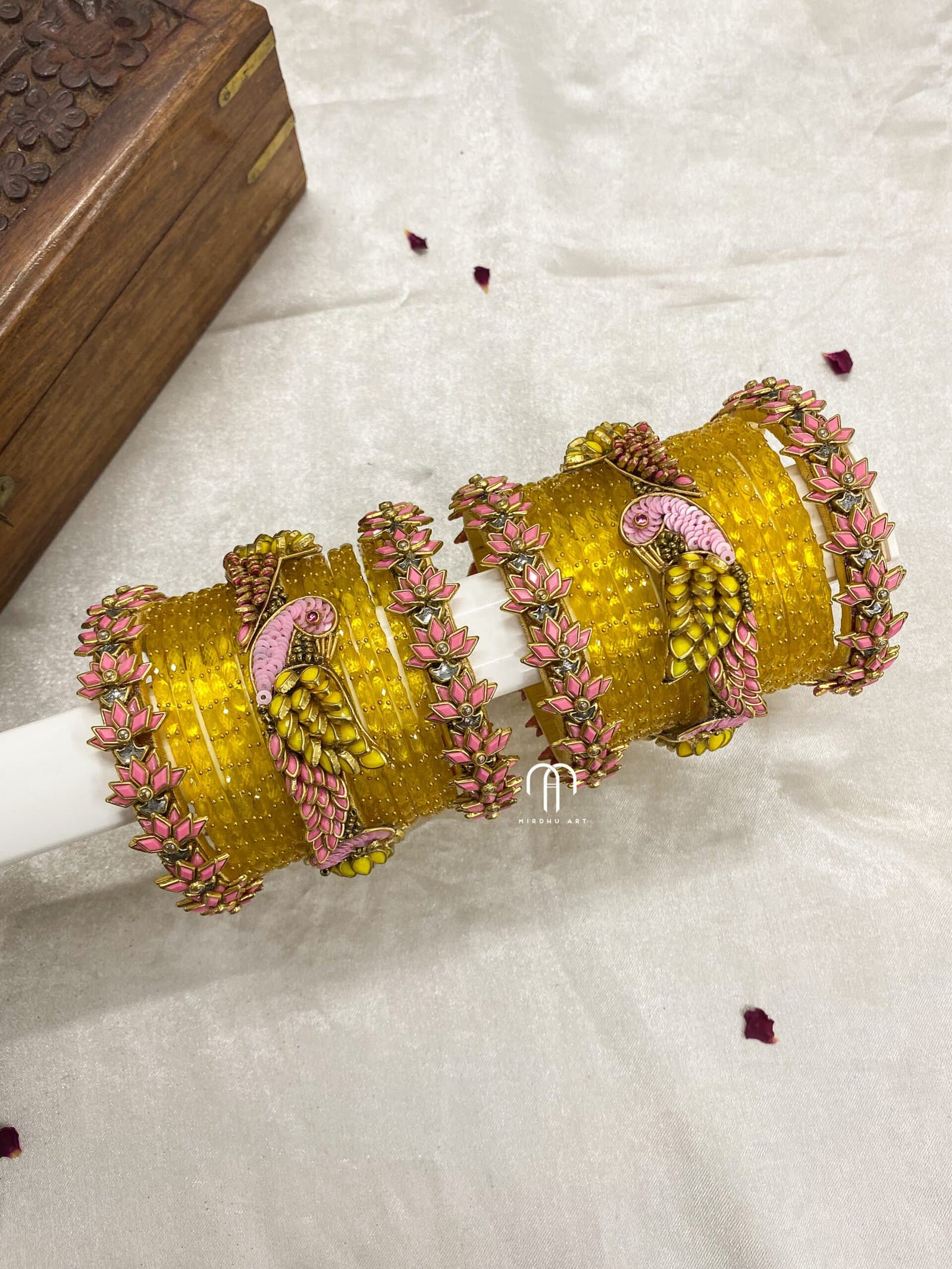 Kundan Bangles – Parrot & Lotus( Yellow and Baby pink) from Bangle by Choice