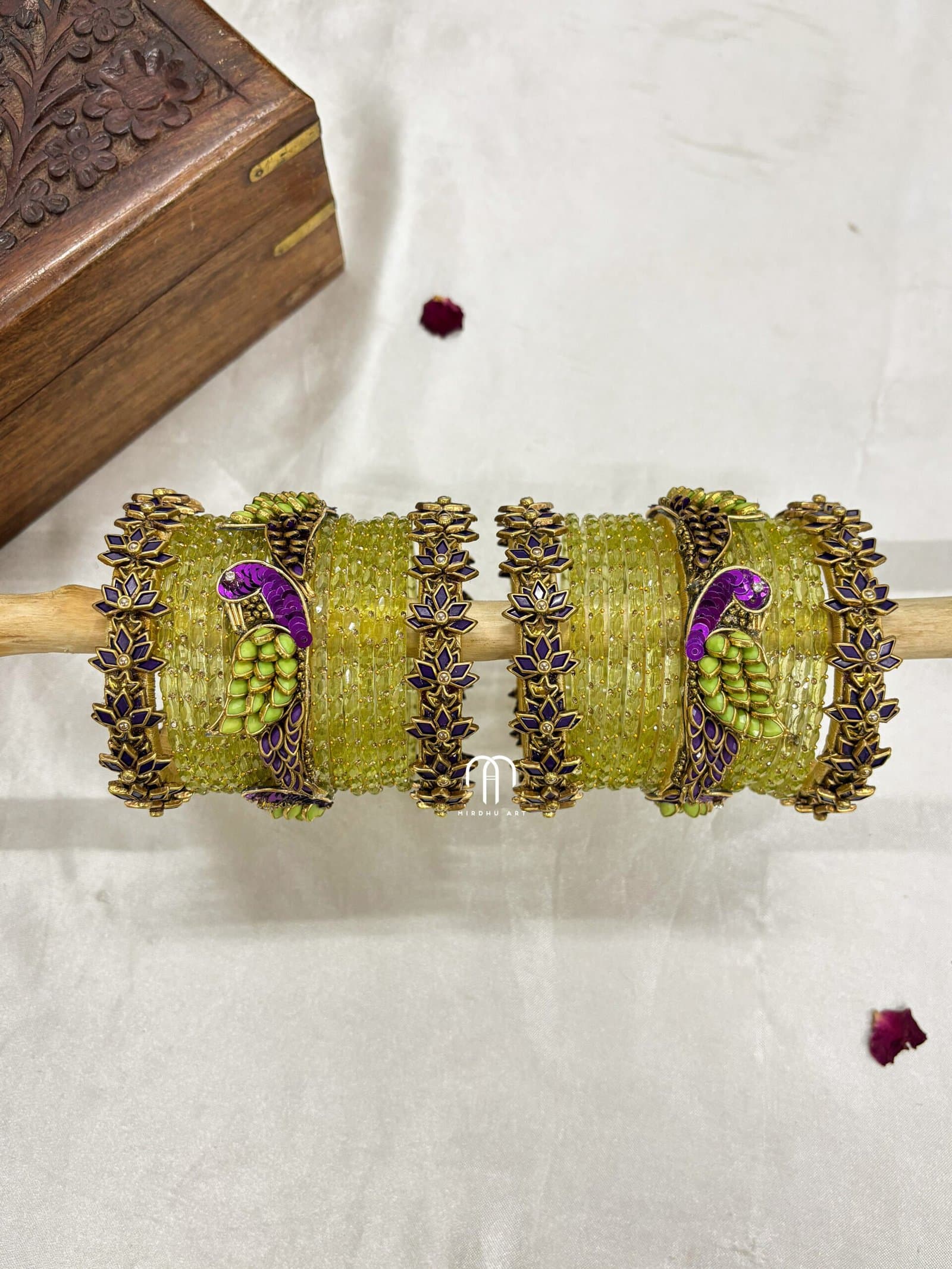 Kundan Bangles – Parrot & Lotus (Pista Green and Purple) from Bangle by Choice