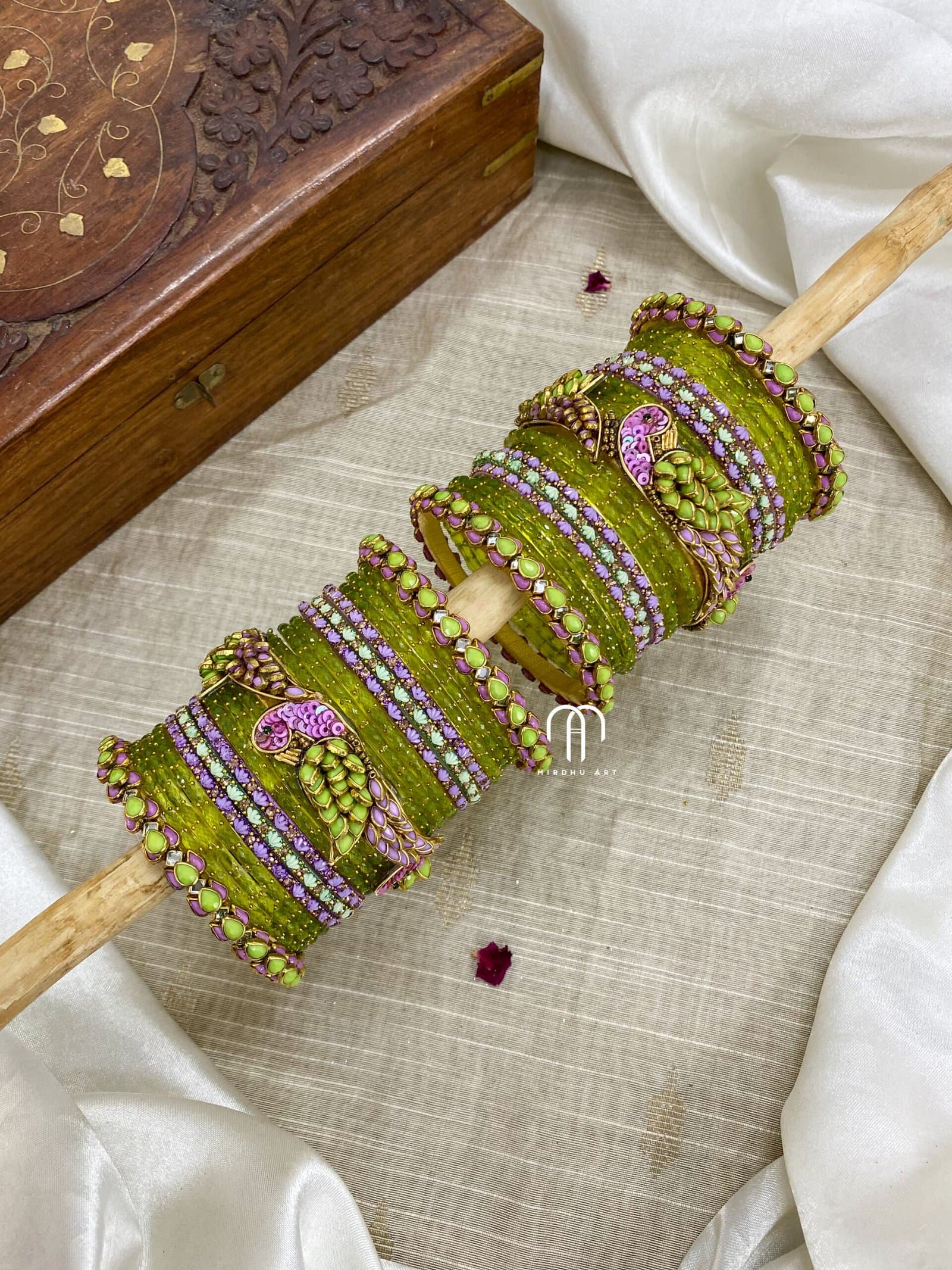 Kundan Bangles – Lotus & Parrot (pista green and Lavender) from Bangle by Choice