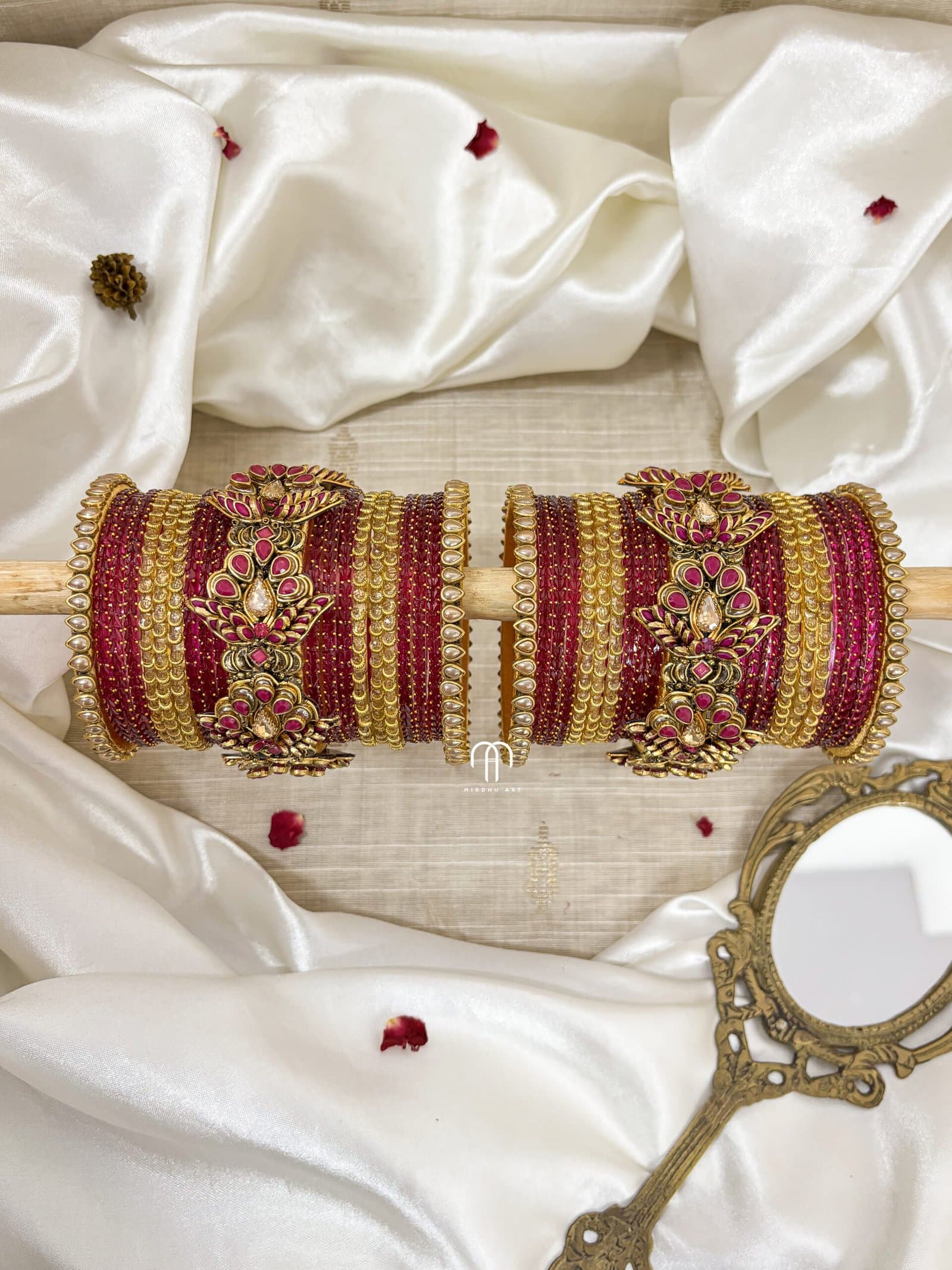 Kundan Bangles – 3D Blossom Statement Bangles ( Mezanta pink & Golden) from Bangle by Choice