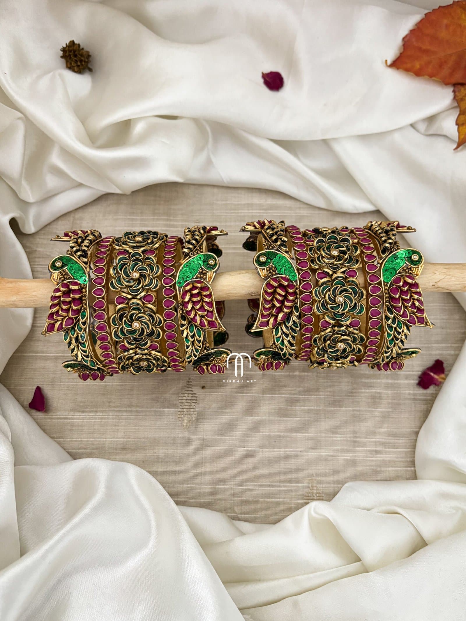 Kundan Bangles – Parrot Style Bangles ( Dark Green & Mezanta pink) from Bangle by Choice