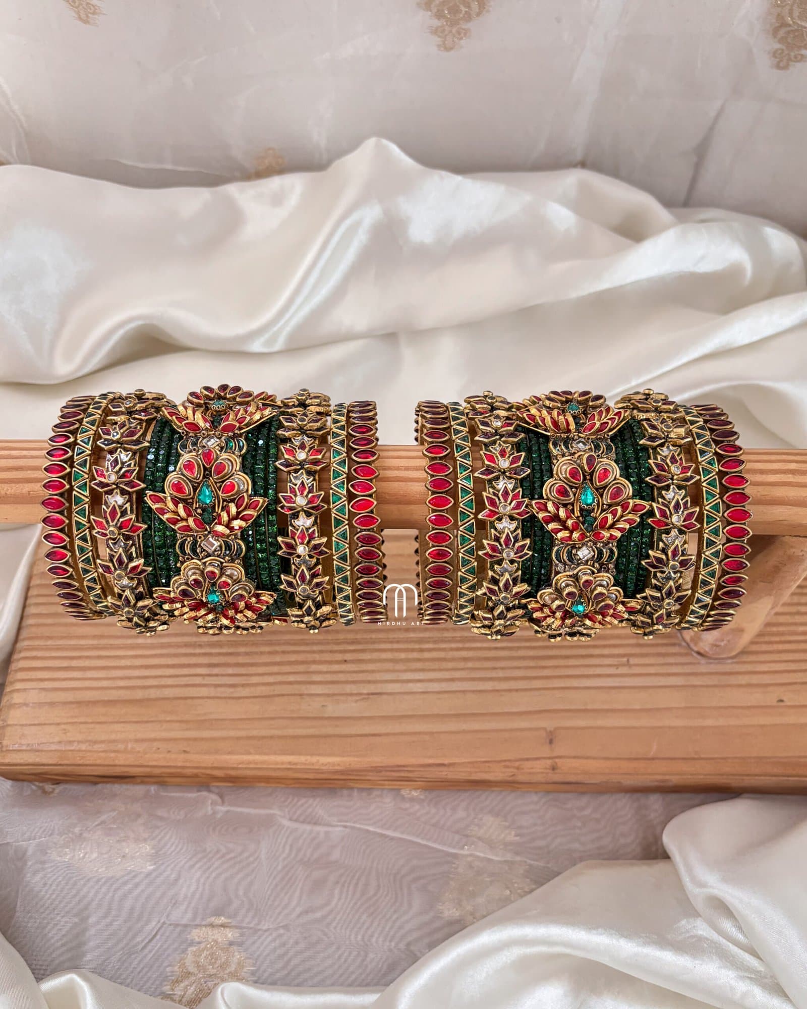 Kundan Bangles – 3D Blossom Statement with lotus Kada (Red And Green) from Bangle by Choice