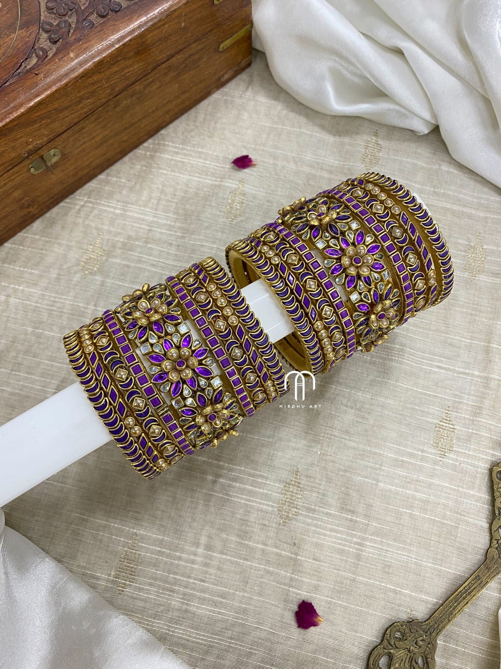 Kundan Bangles – Purple & Golden combination 3D Flower Bangles from Bangle by Choice