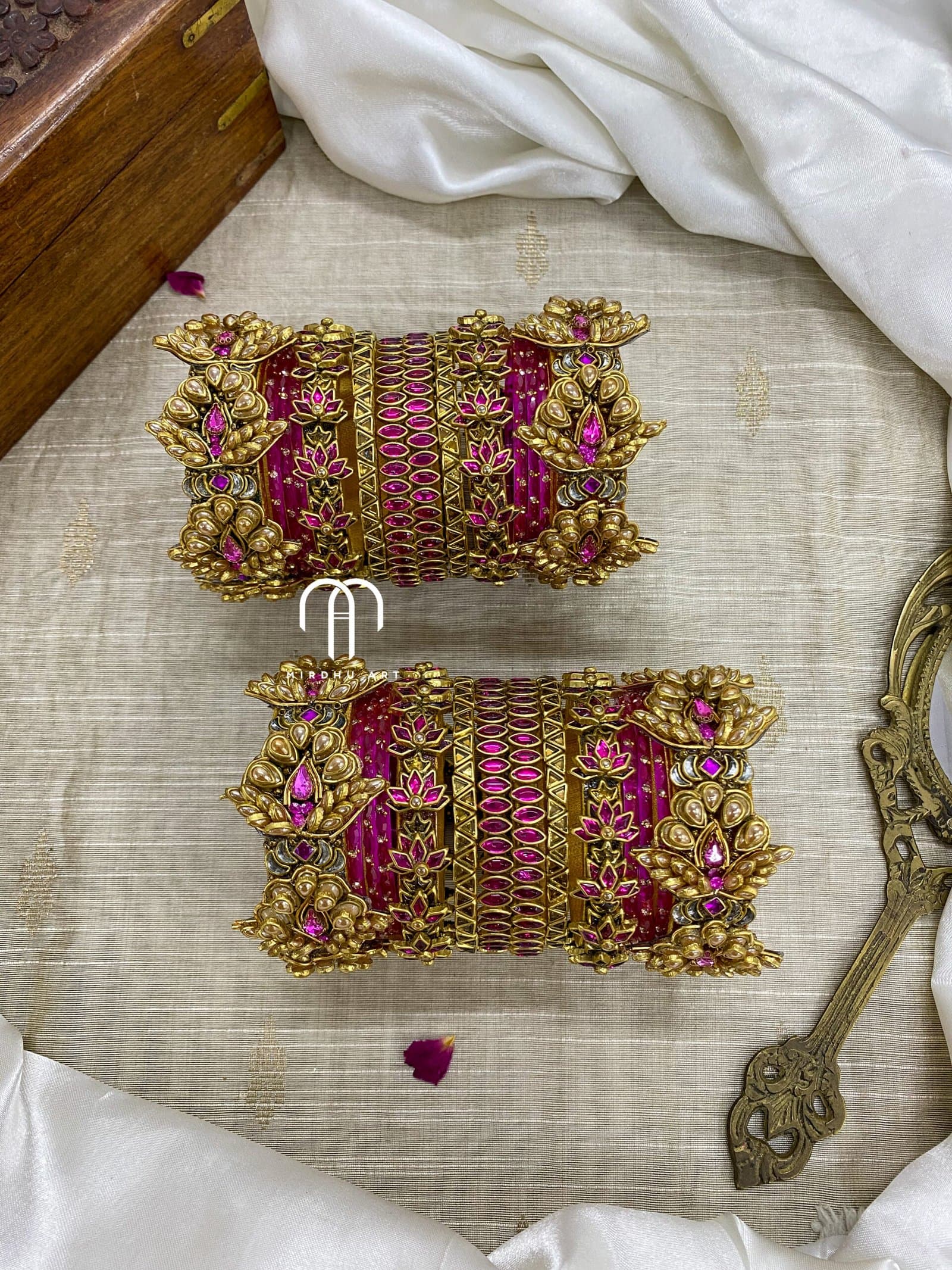 Kundan Bangles – 3D Blossom (Golden And Rani pink) from Bangle by Choice