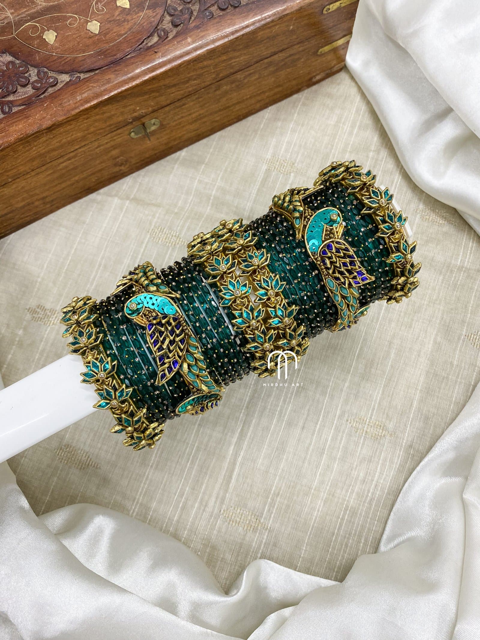 Kundan Bangles – Lotus & Parrot (peacock green) from Bangle by Choice