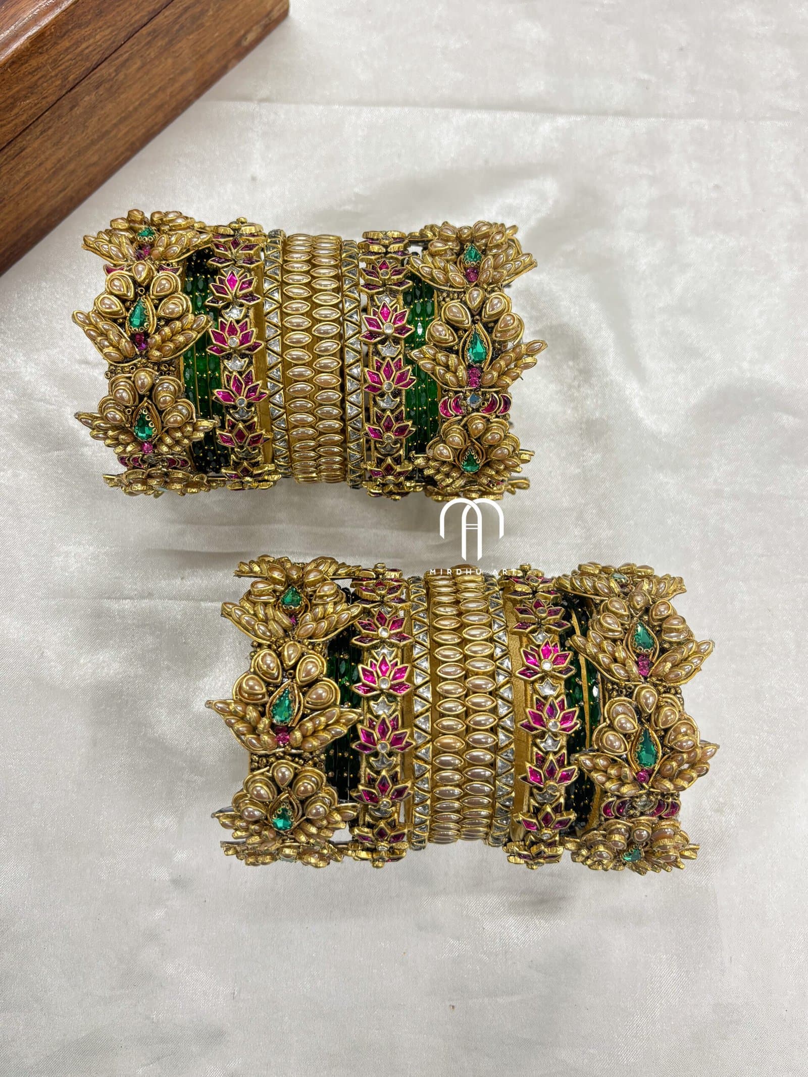 Kundan Bangles – 3D Blossom (Golden ,Green And Rani Pink) from Bangle by Choice