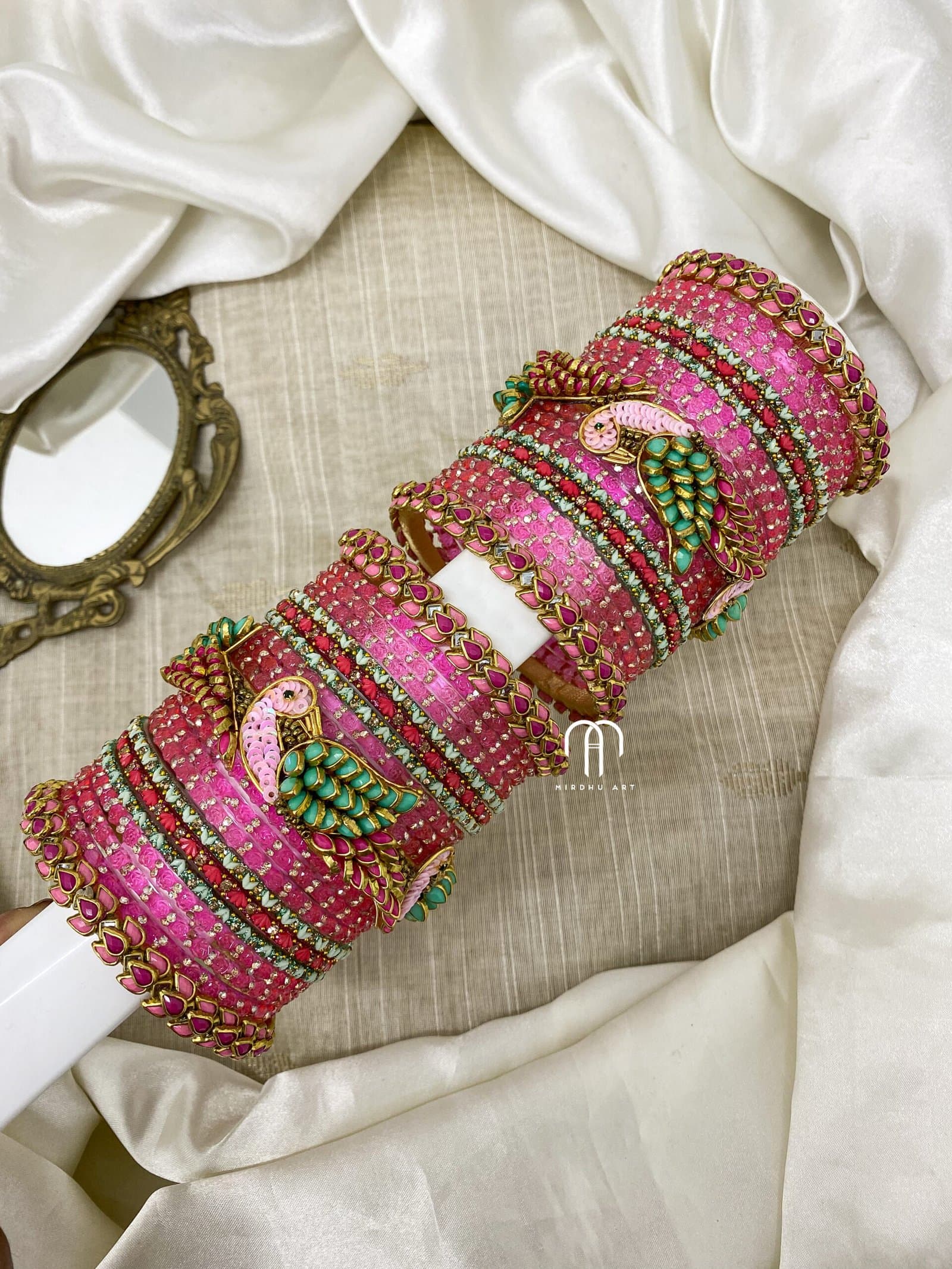 Kundan Bangles – Lotus & Parrot ( Baby Pink And Turquoise Green ) from Bangle by Choice