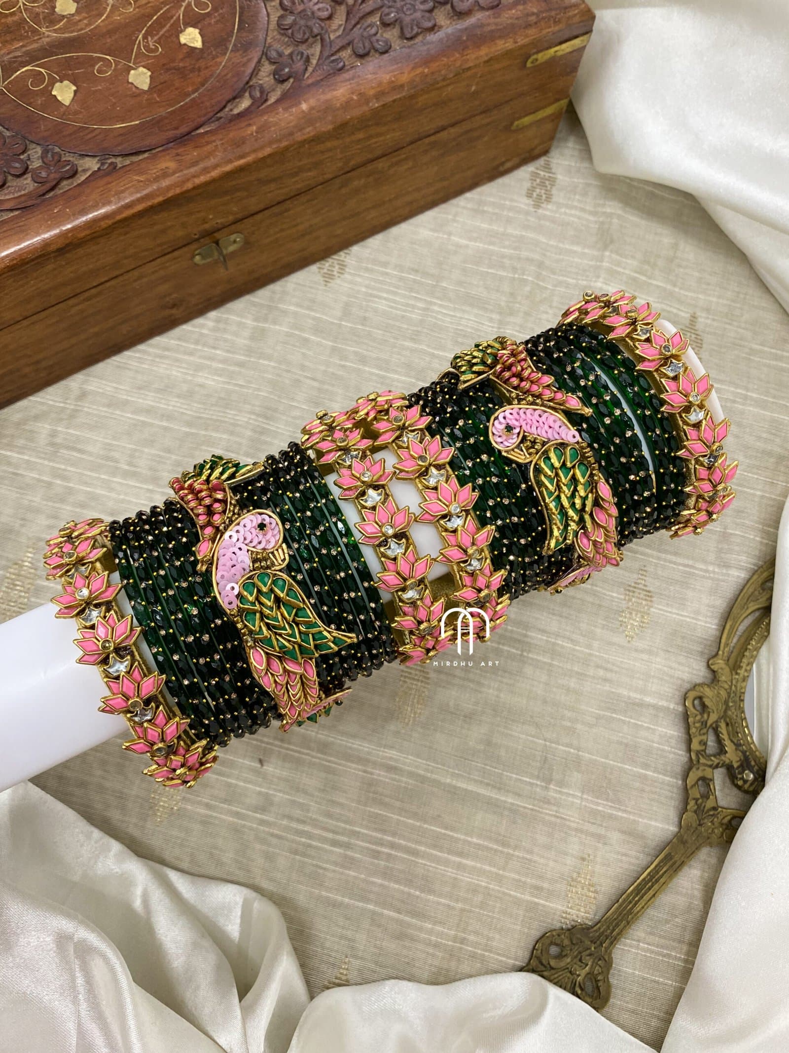 Kundan Bangles – Lotus & Parrot (Baby Pink And Green) from Bangle by Choice