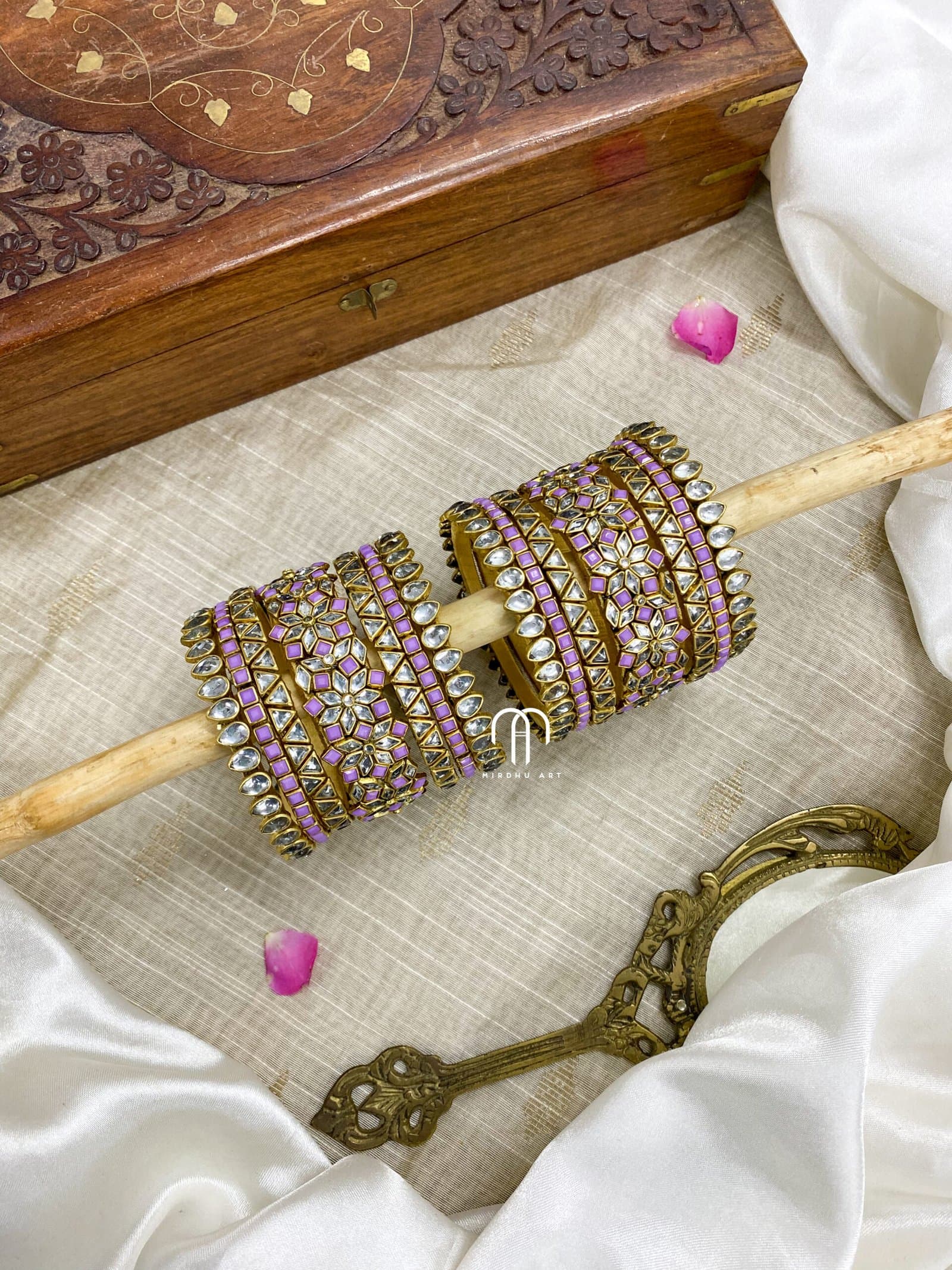 Kundan Bangles – White Stone & Lavender (Zigzag model) from Bangle by Choice