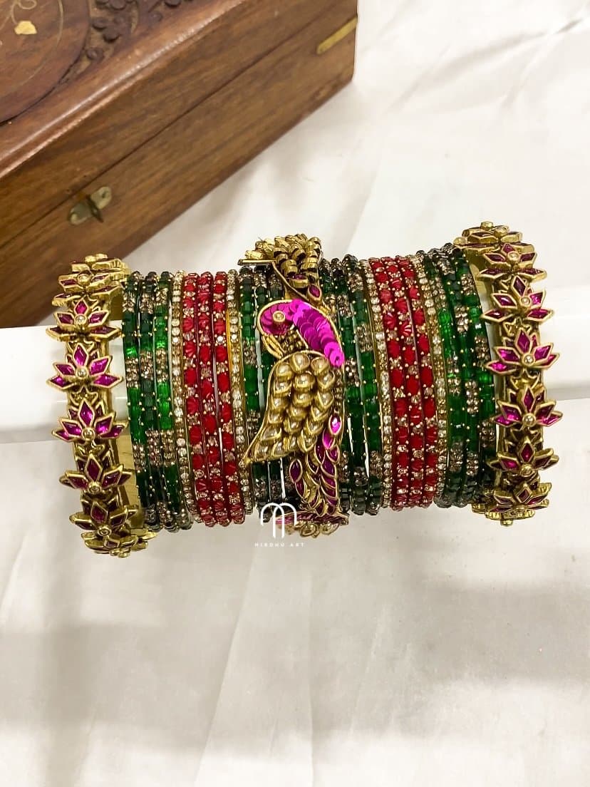 Kundan Bangles – Lotus & Parrot (Rani Pink and Green) from Bangle by Choice