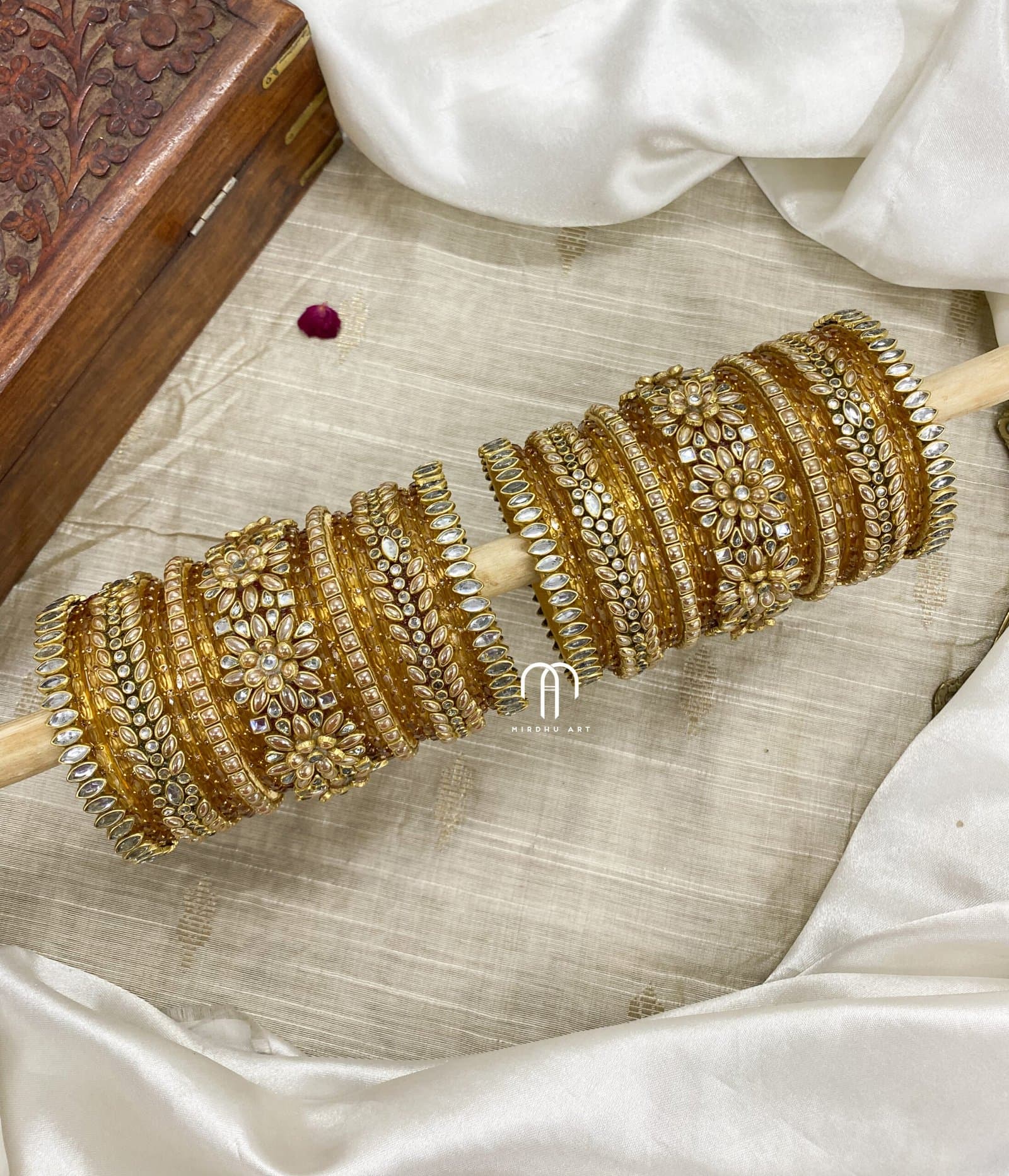 Kundan Bangles – Golden And White 3D flower combination Bangles from Bangle by Choice