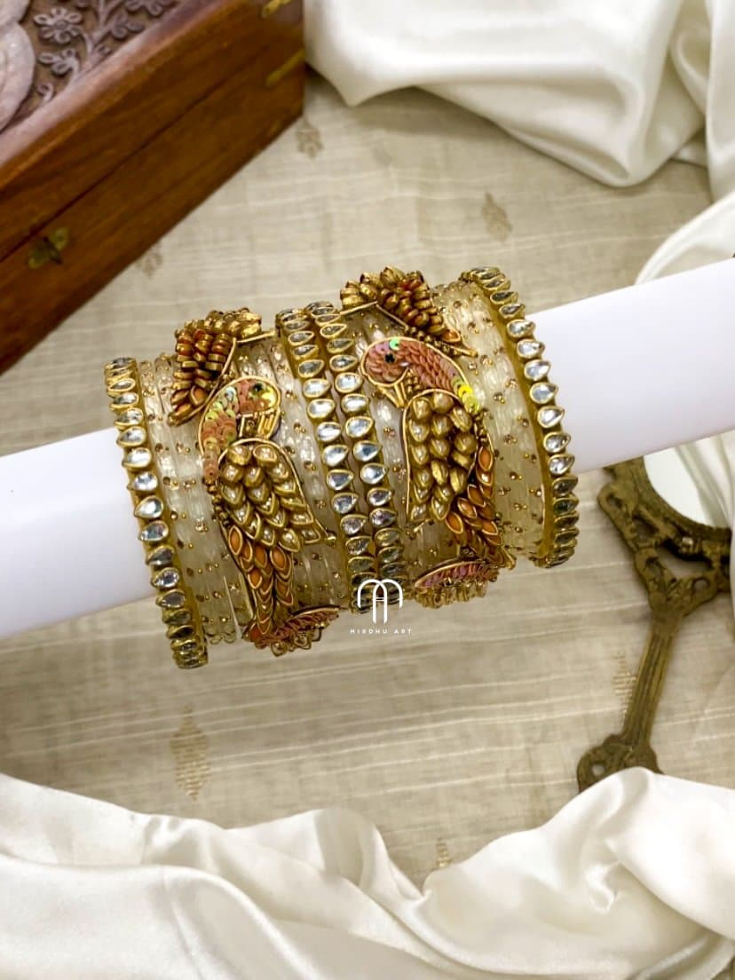 Kundan Bangles – Parrot (Peach And White) from Bangle by Choice