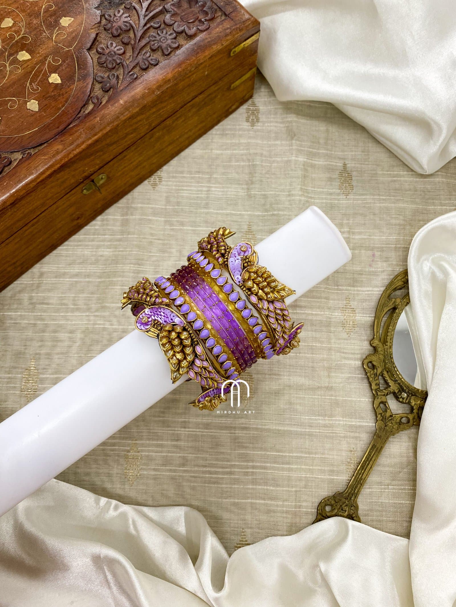 Kundan Bangles – Parrot style Bangles (Lavender & Golden) from Bangle by Choice