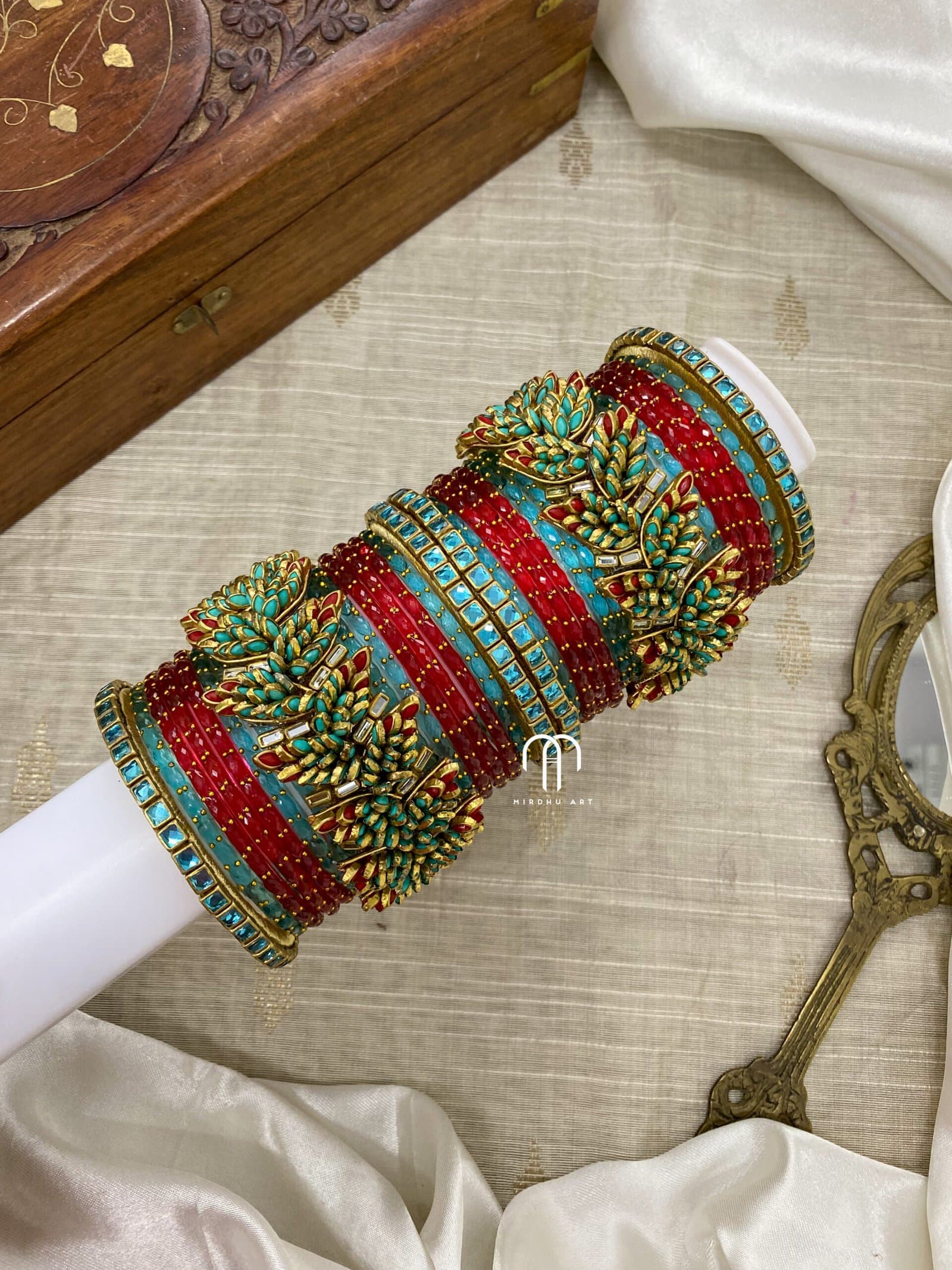 Kundan Bangles – Leaf Style (Red and Sky blue) from Bangle by Choice