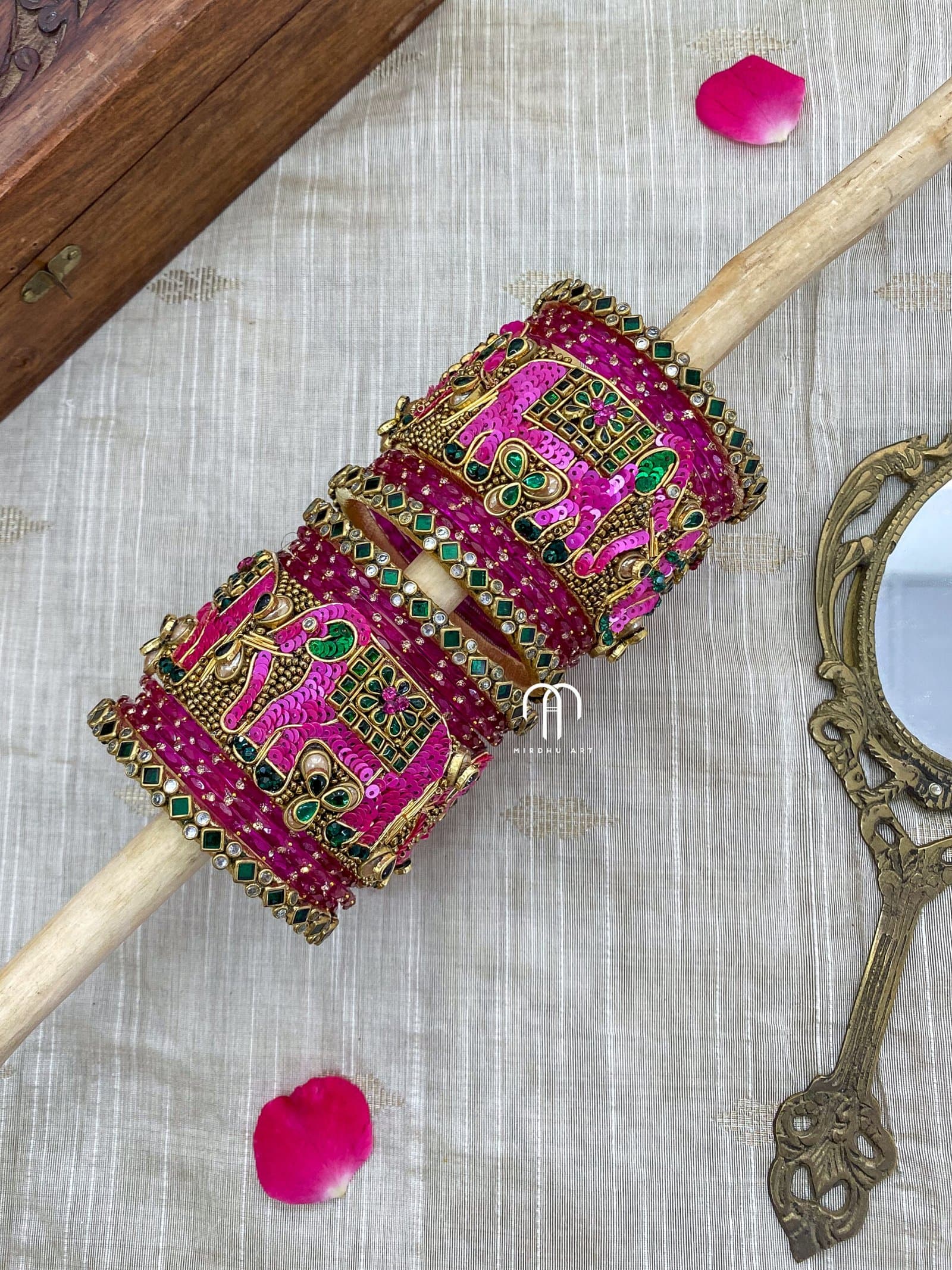 Kundan Bangles – Elephant Bangles (Rani Pink & Green) from Bangle by Choice