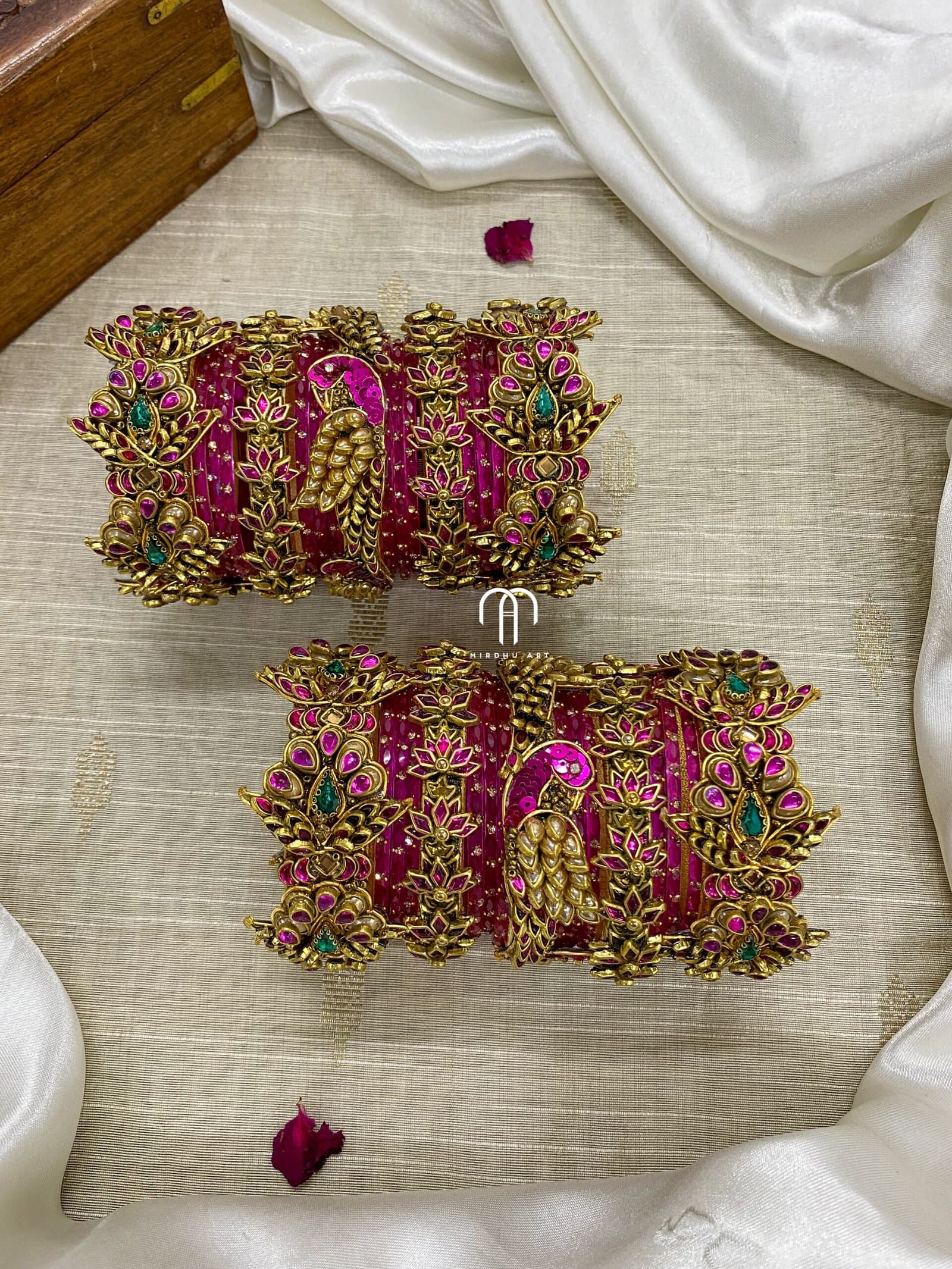 Kundan Bangles – 3D Blossom & Parrot Set(Golden ,Green And Rani Pink) from Bangle by Choice