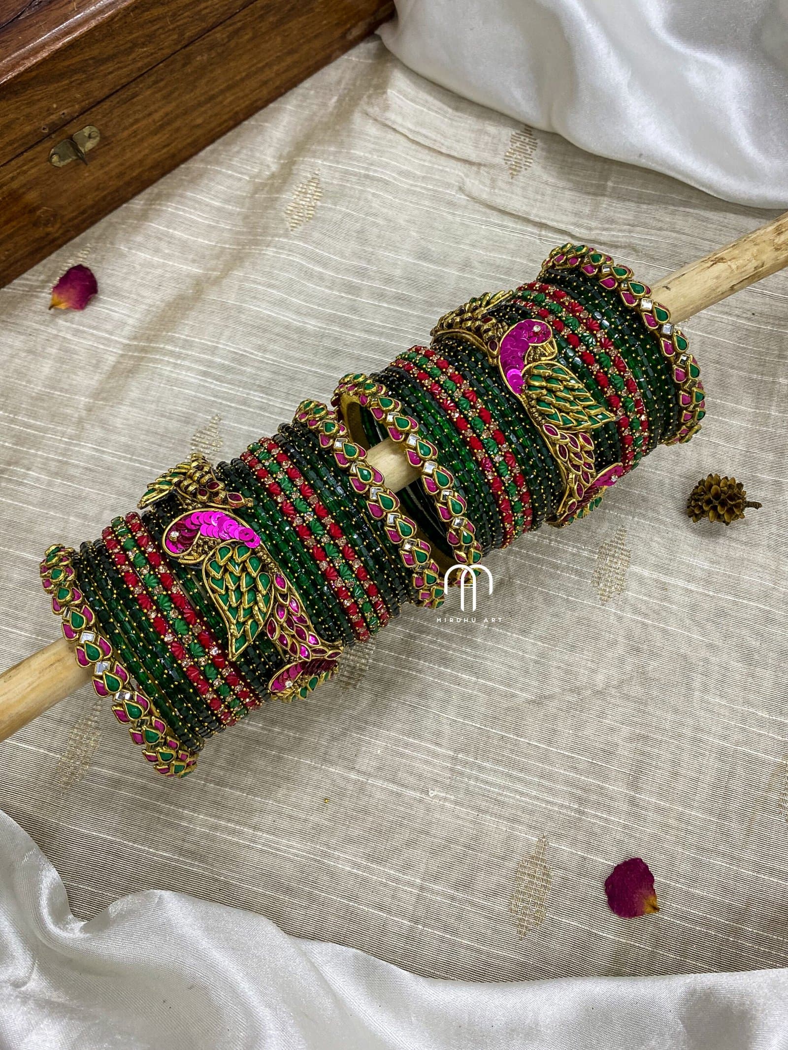 Kundan Bangles – Lotus & Parrot ( Rani Pink And Green ) from Bangle by Choice