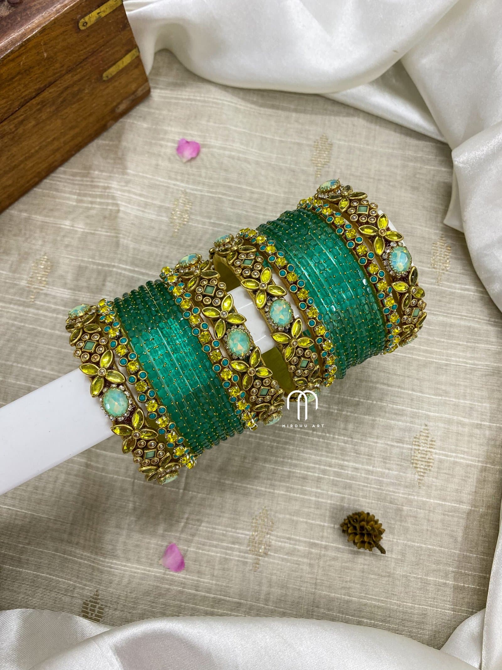 2D Crystal Kada Bangles -(Yellow And Turquoise Green) from Bangle by Choice