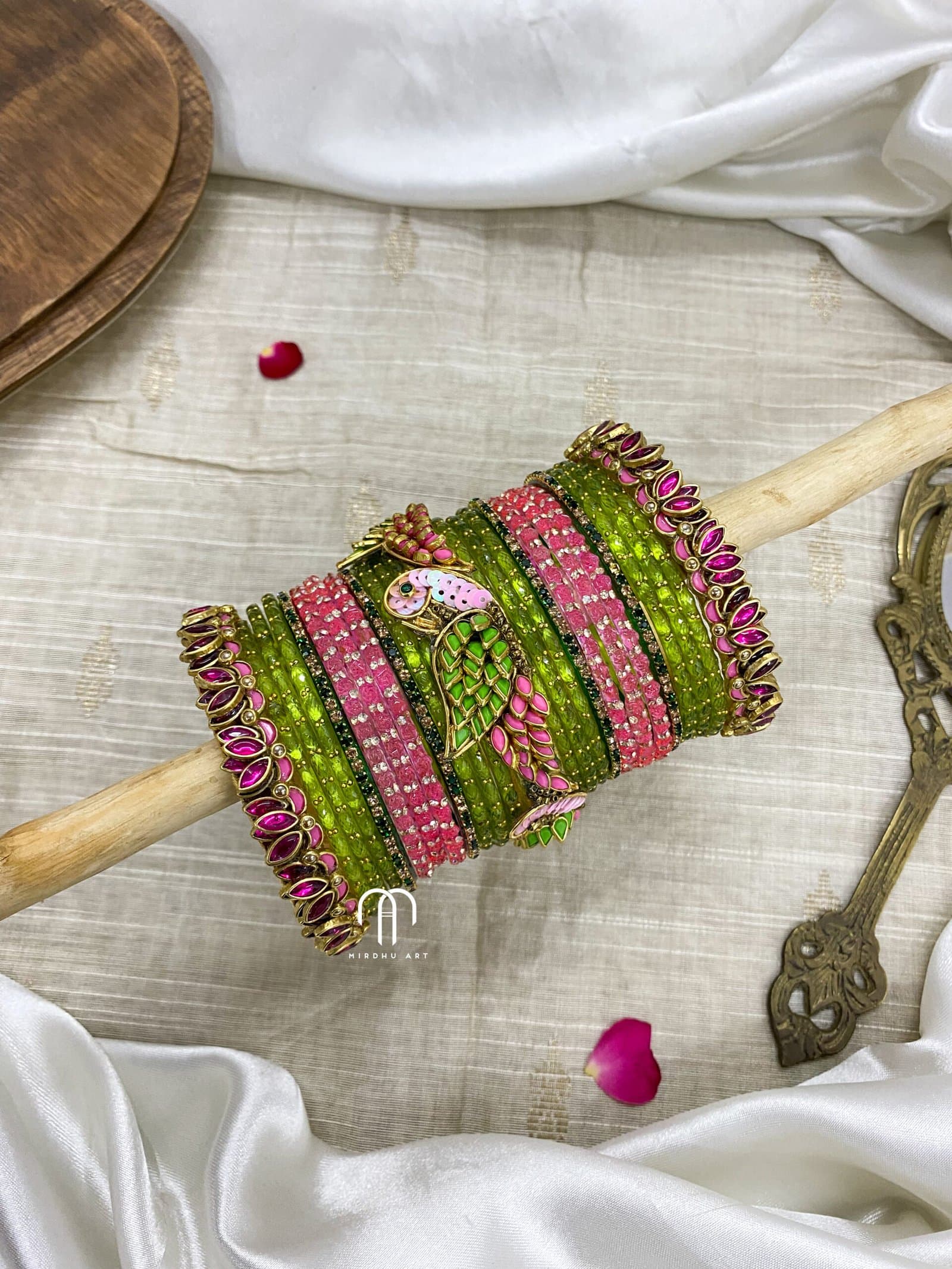 Kundan Bangles – Lotus & Parrot ( Baby Pink And Parrot Green ) from Bangle by Choice