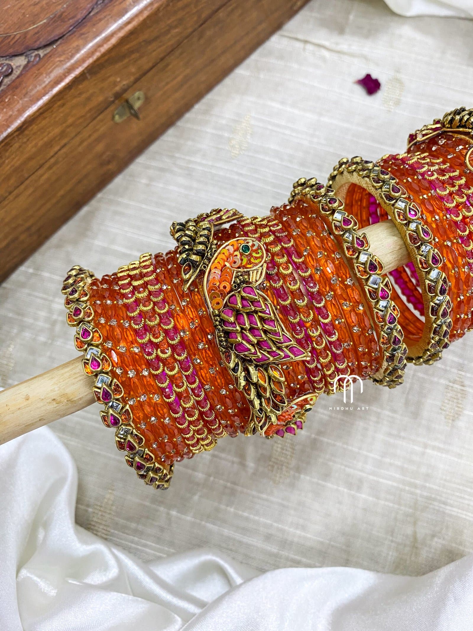 Kundan Bangles – Lotus & Parrot ( Rani Pink And Orange ) detail view 2