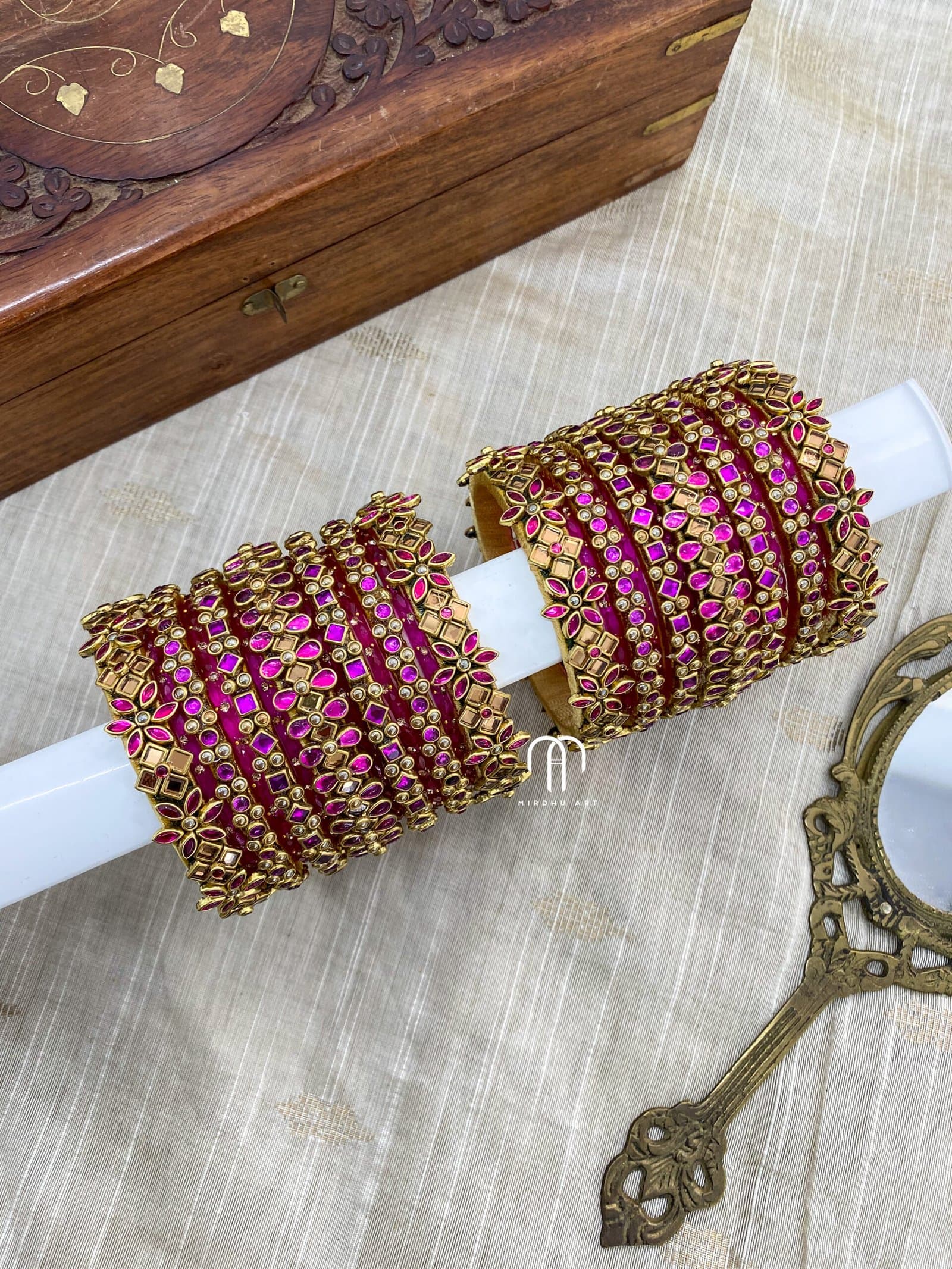 Kundan Bangles -Rani Pink And Golden Flower Model from Bangle by Choice