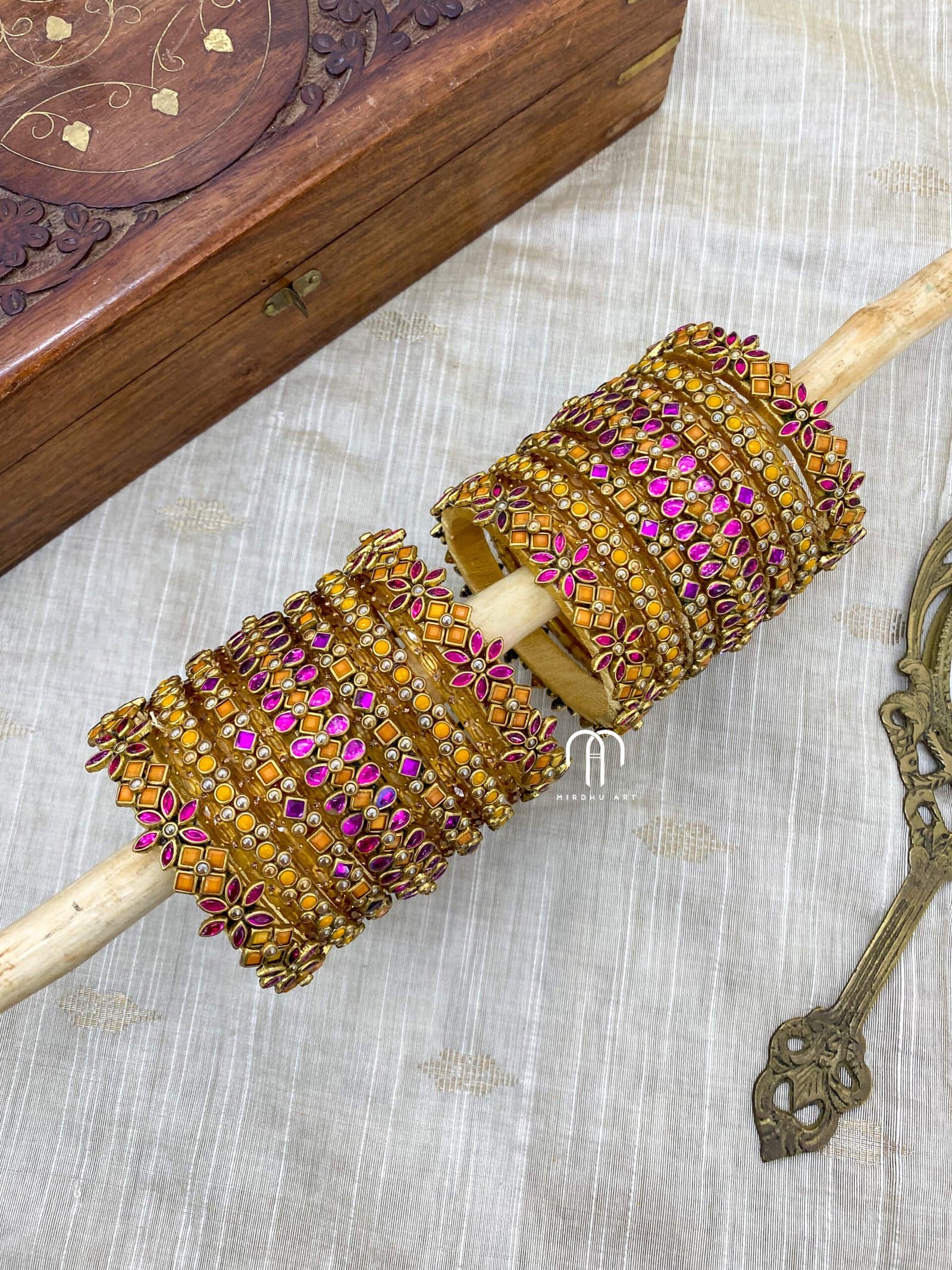 Kundan Bangles -Rani Pink And Mango Yellow Flower Model from Bangle by Choice