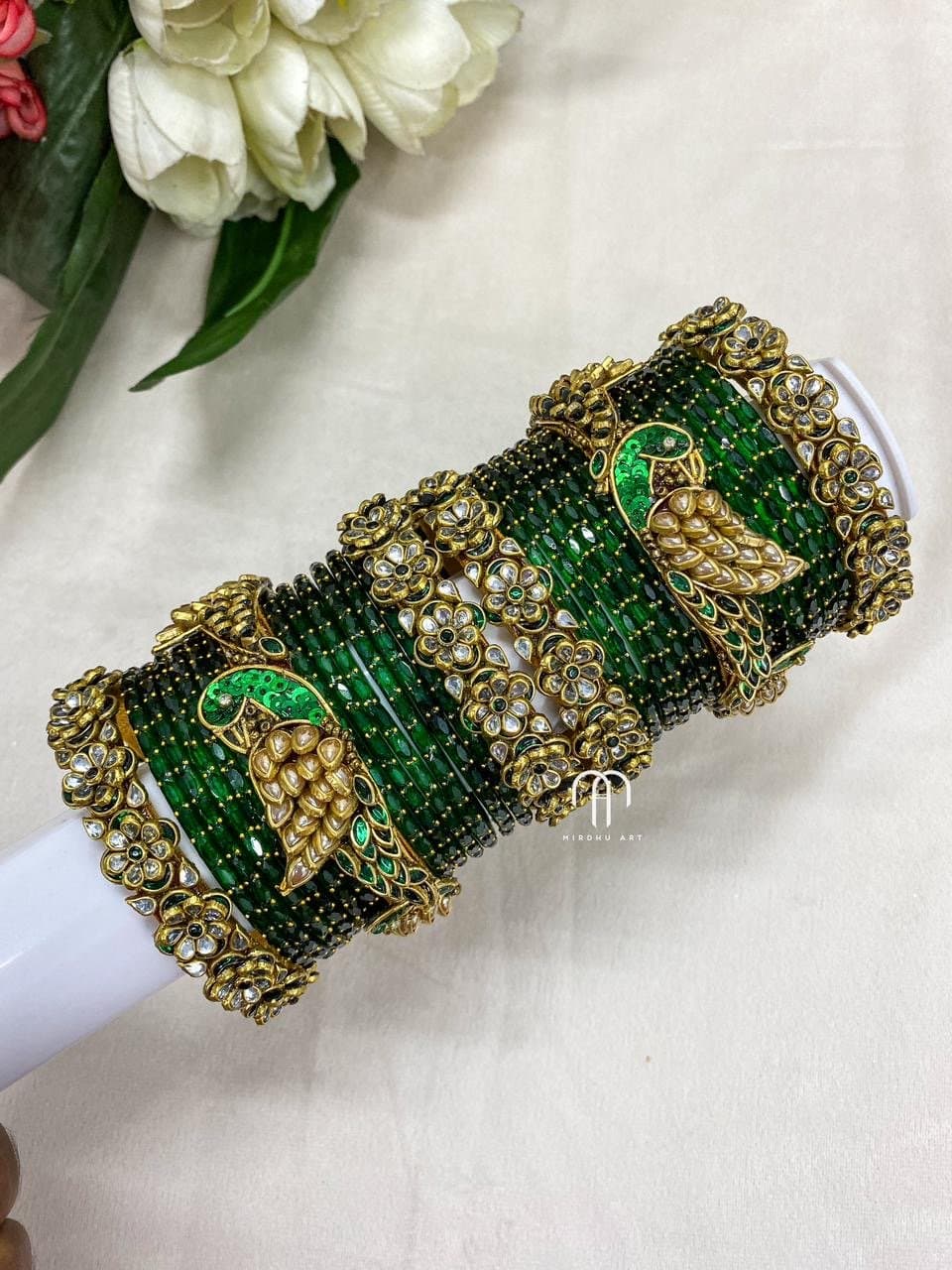 Kundan Bangles – Flower & Parrot (Dark Green And White ) from Bangle by Choice