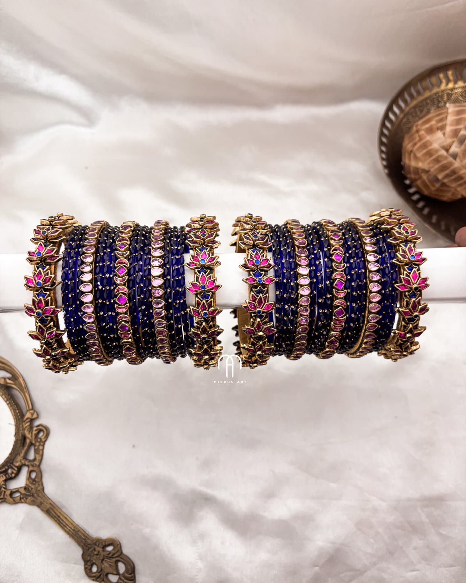 Kundan Bangles – Rani Pink and Baby Pink Lotus kada set with glass bangles from Bangle by Choice
