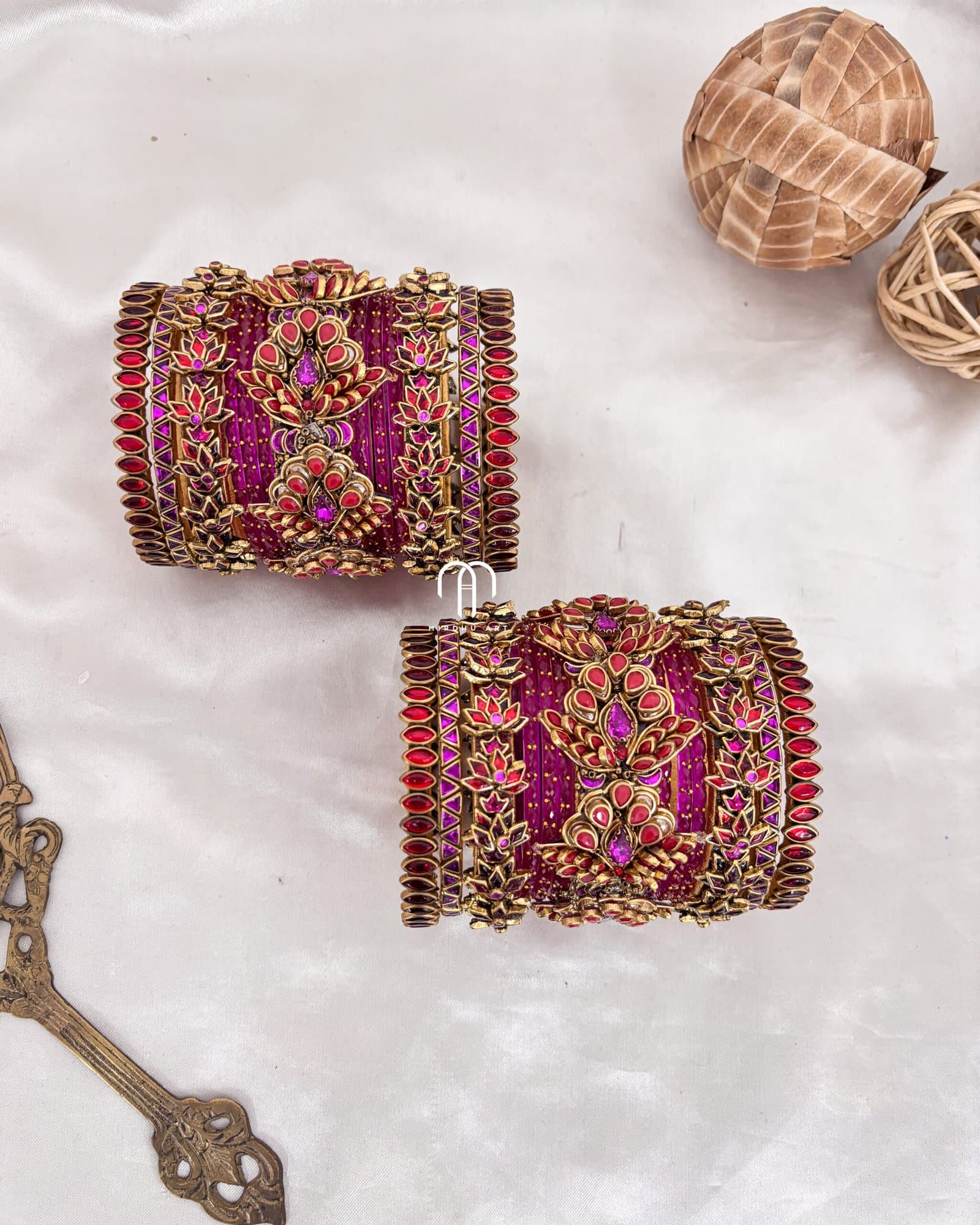 Kundan Bangles – 3D Blossom Statement with lotus Kada (Red And Rani Pink) from Bangle by Choice