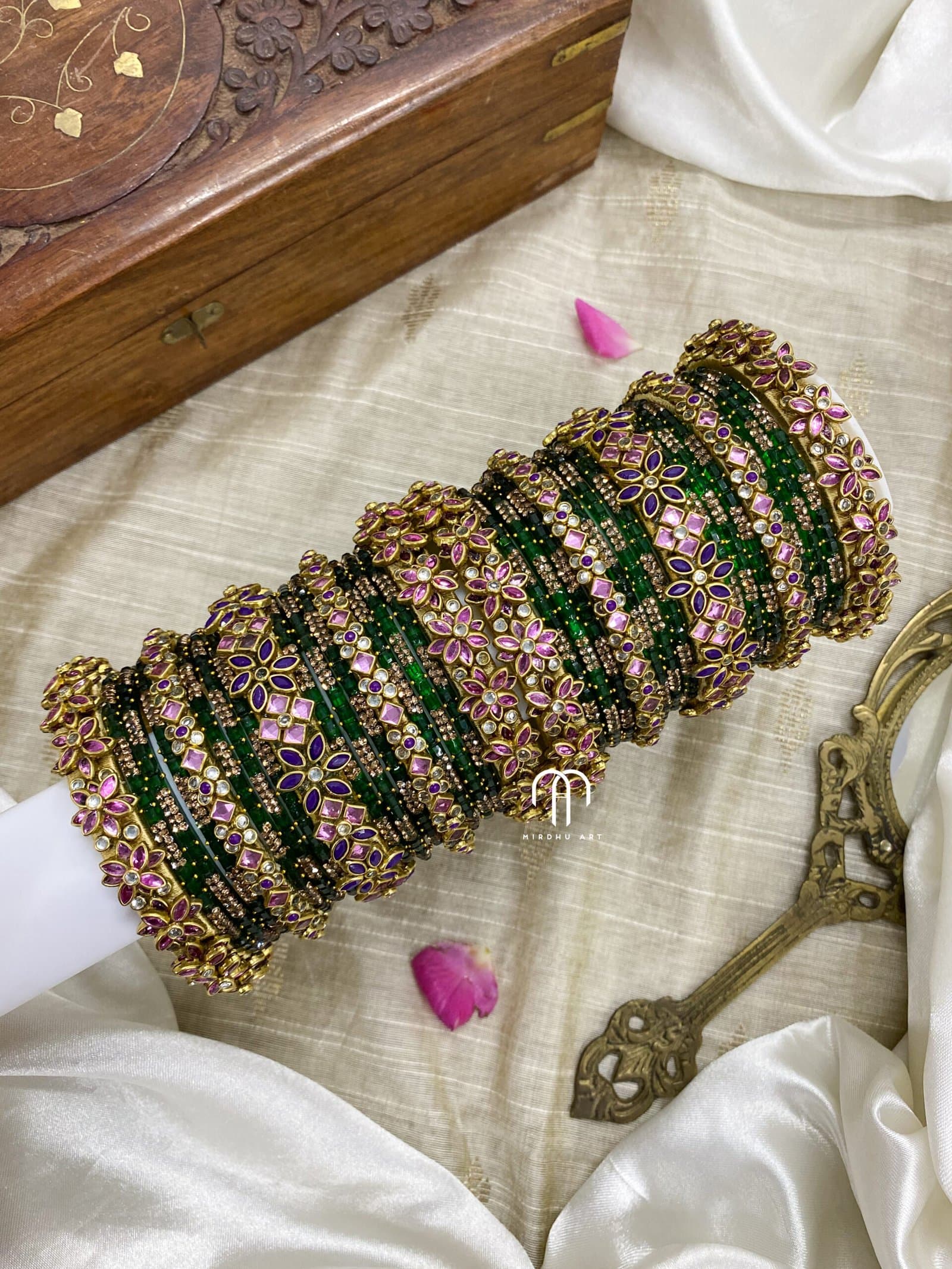 Kundan Bangles -Baby Pink And Green Flower Model from Bangle by Choice