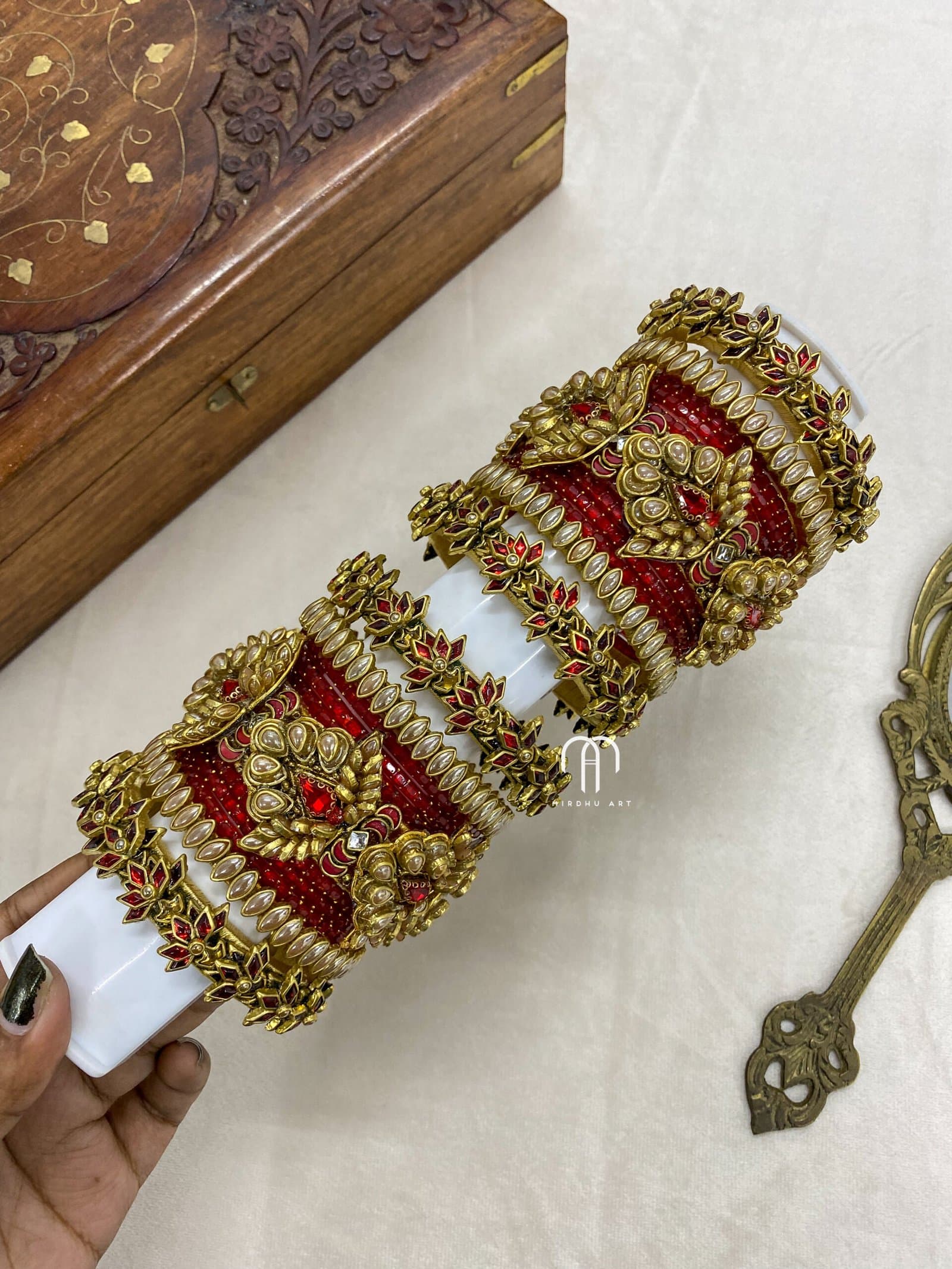 Kundan Bangles – 3D Blossom Statement with lotus Kada (Red And Golden) from Bangle by Choice