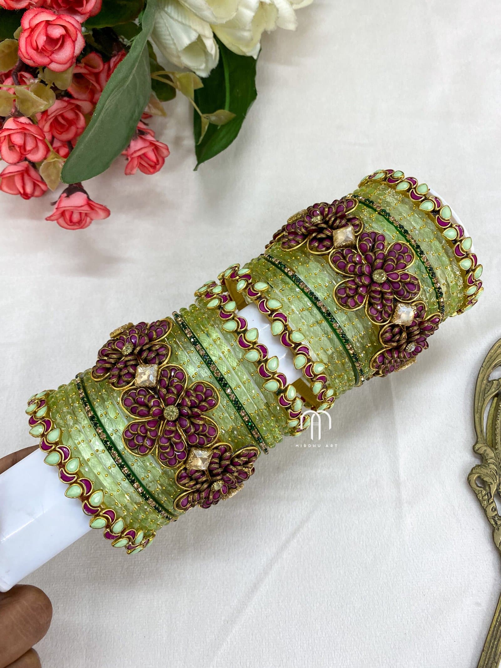 Kundan Bangles -3D Malar ( Mezanta Pink And Pista Green) from Bangle by Choice