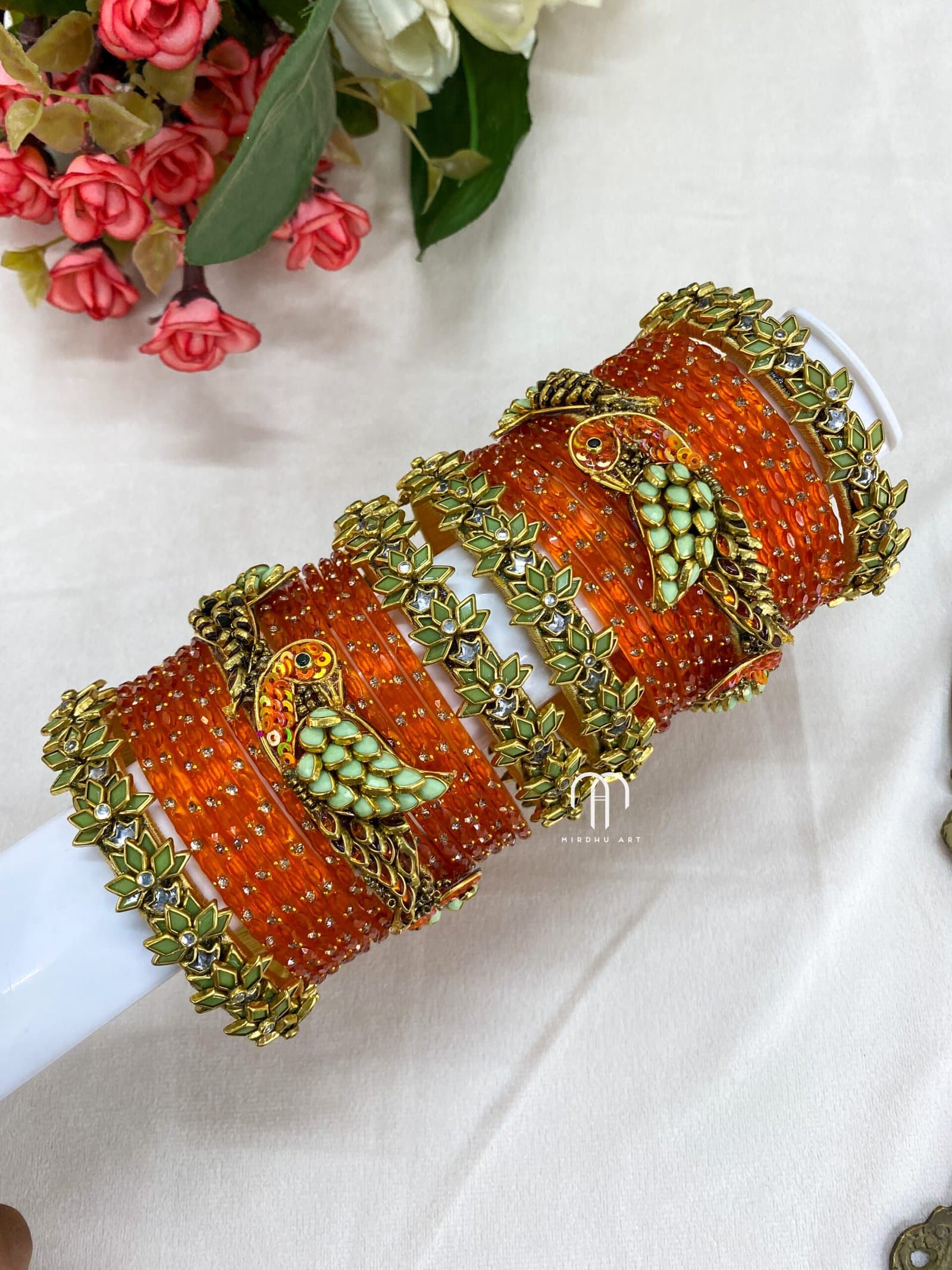 Kundan Bangles – Lotus & Parrot (Pista Green And Orange) from Bangle by Choice
