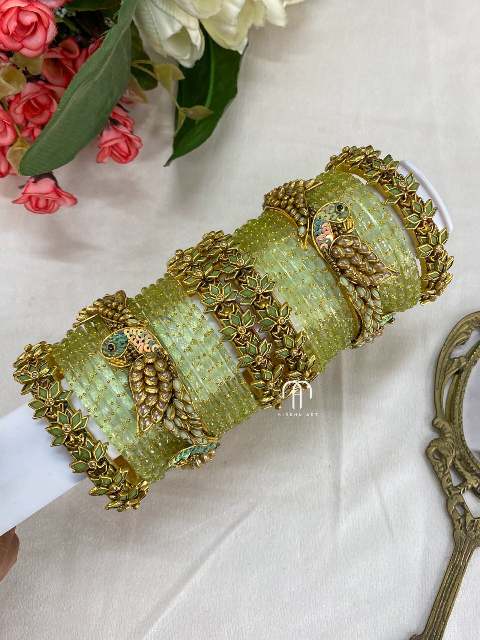Kundan Bangles – Lotus & Parrot (Pista Green And Golden ) from Bangle by Choice