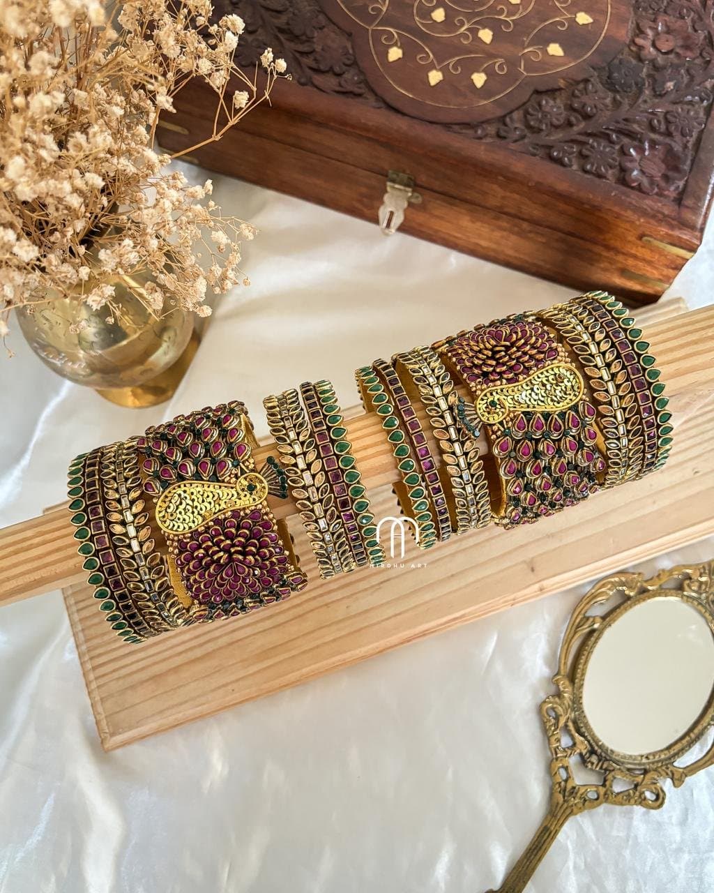 Kundan Bangles – Peacock Bangle set (Mezanta Pink, Golden & Green) from Bangle by Choice