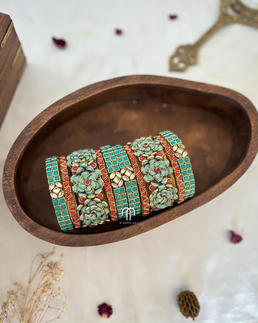 Kundan Bangles – Turquoise Green & Red combination (rose) Bangles from Bangle by Choice