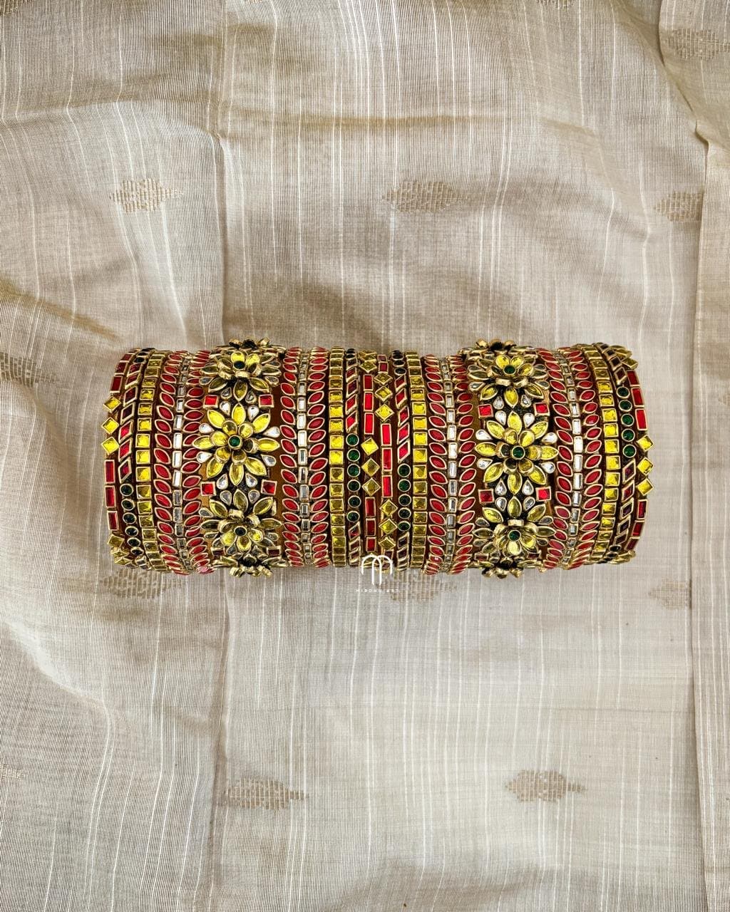 Kundan Bangles – Flower Set (Red And Yellow) from Bangle by Choice