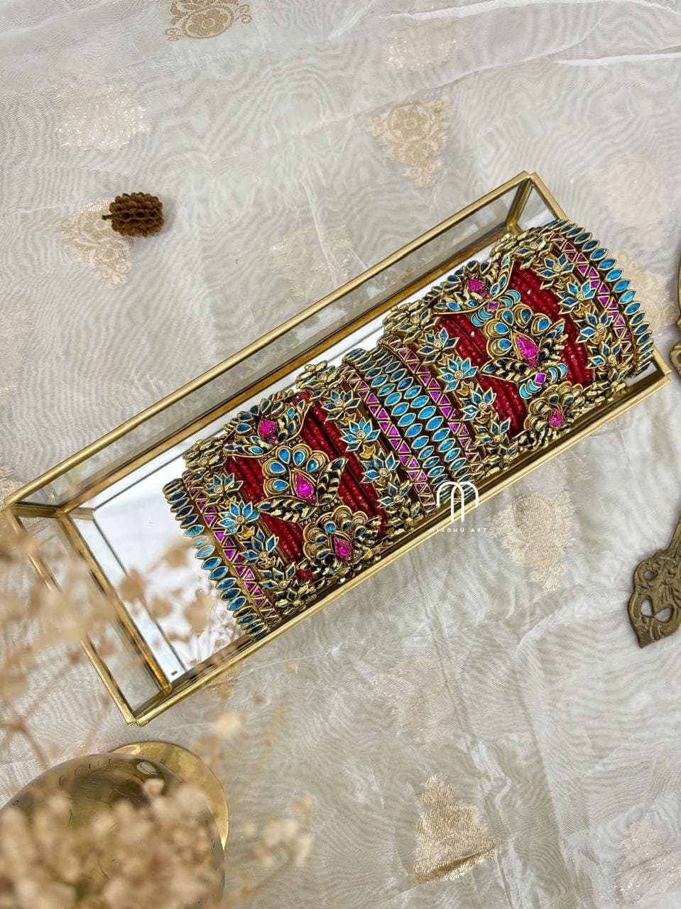 Kundan Bangles – 3D Blossom Statement with lotus Kada (Krishna Blue And Rani Pink) from Bangle by Choice