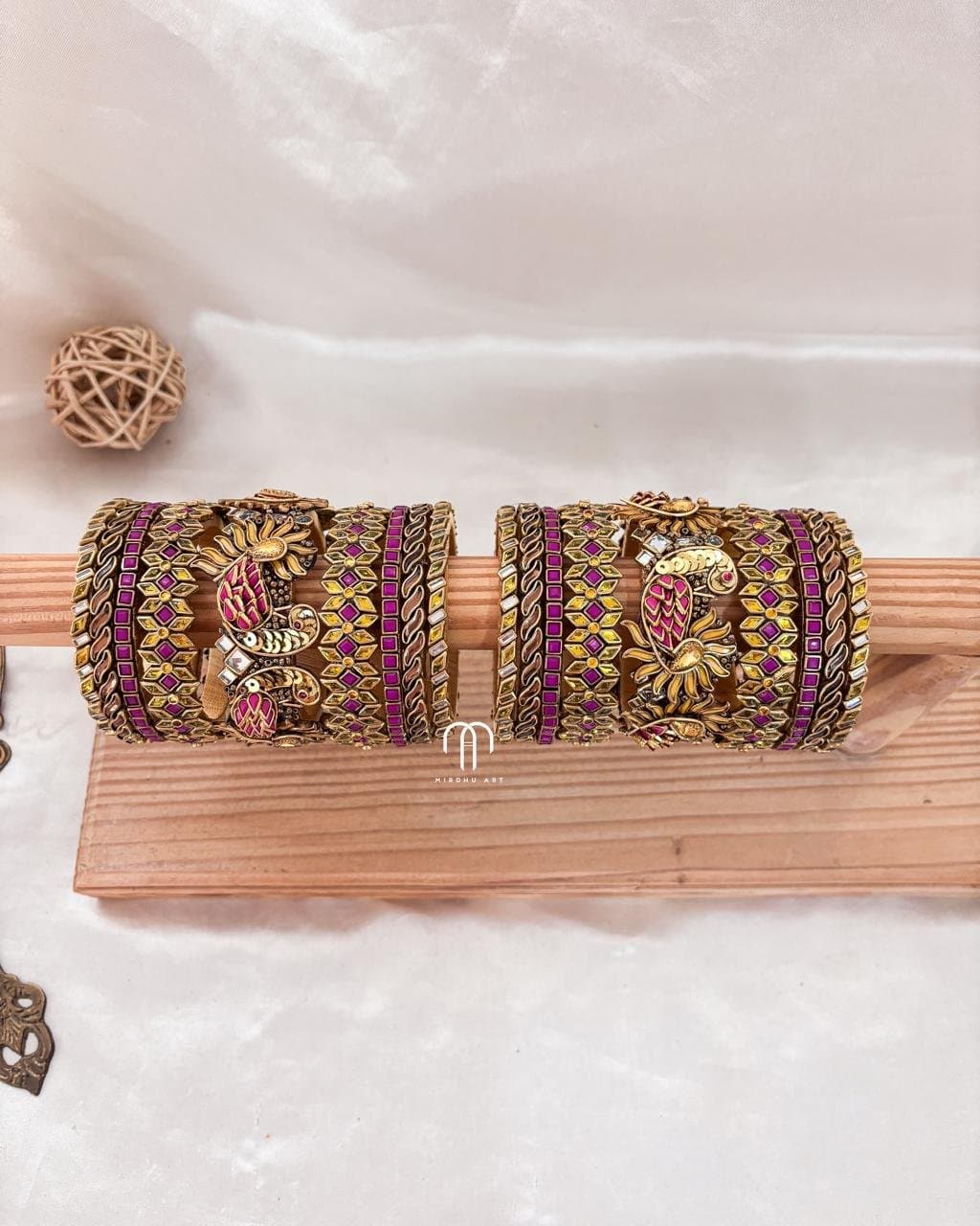 Kundan Bangles – Annapakshi (Mezanta Pink & Yellow Bangle Set) from Bangle by Choice