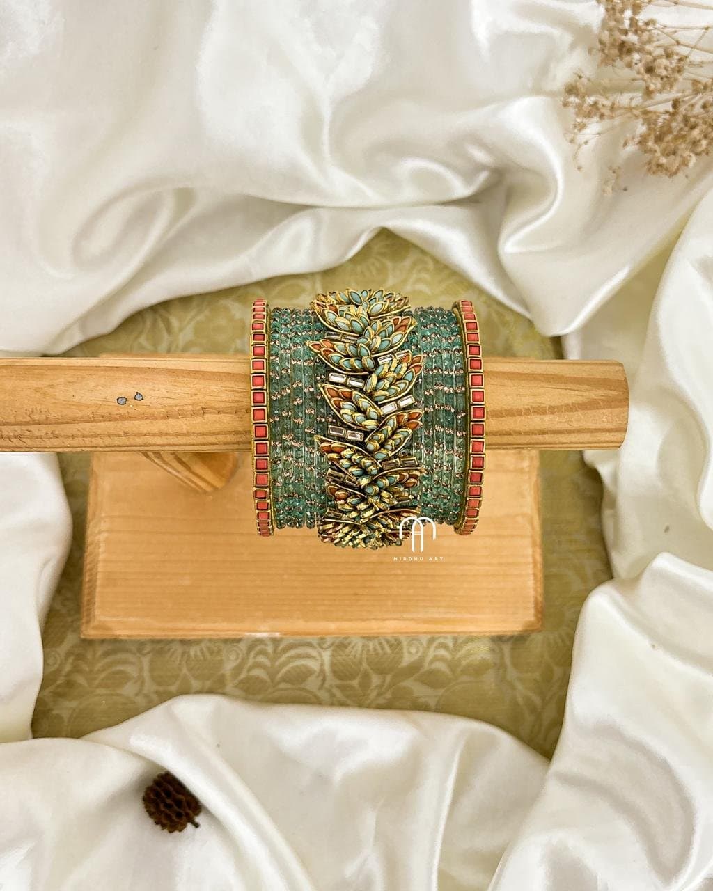 Kundan Bangles – Leaf Style (Peach and Sky blue) from Bangle by Choice