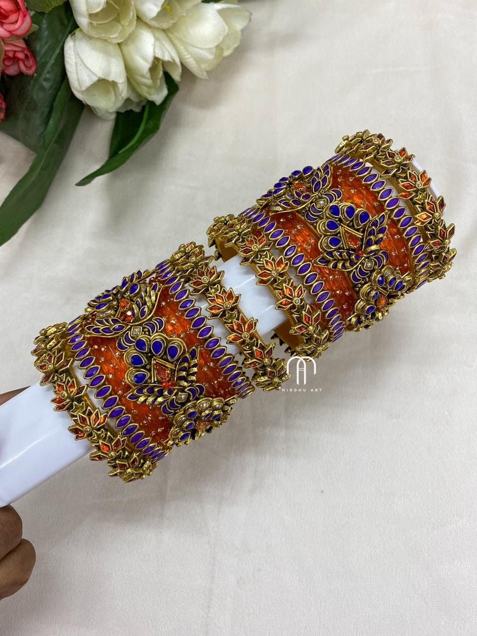 Kundan Bangles – 3D Blossom Statement with lotus Kada (Purple And Orange) from Bangle by Choice