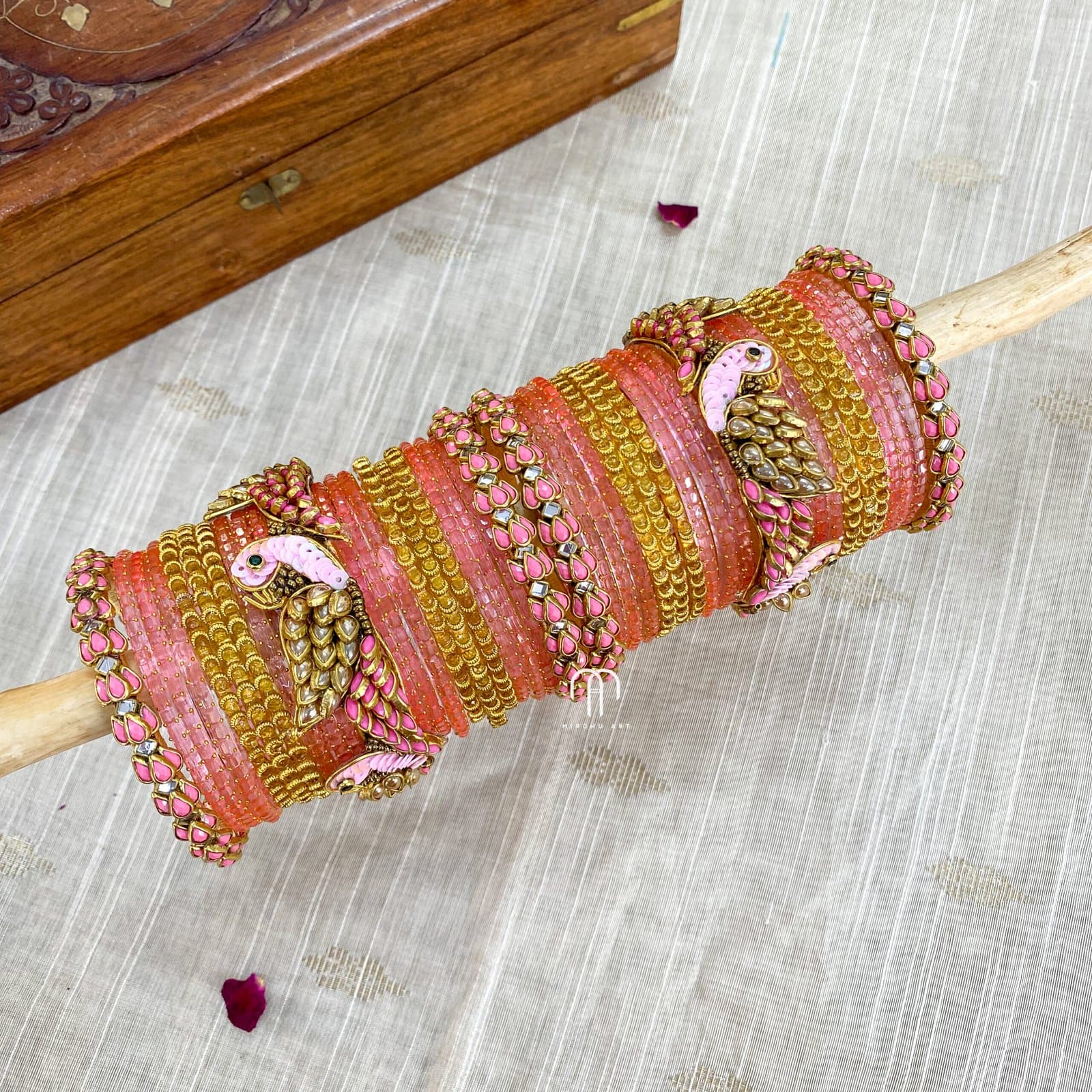 Kundan Bangles – Lotus & Parrot ( Baby Pink And Golden ) from Bangle by Choice