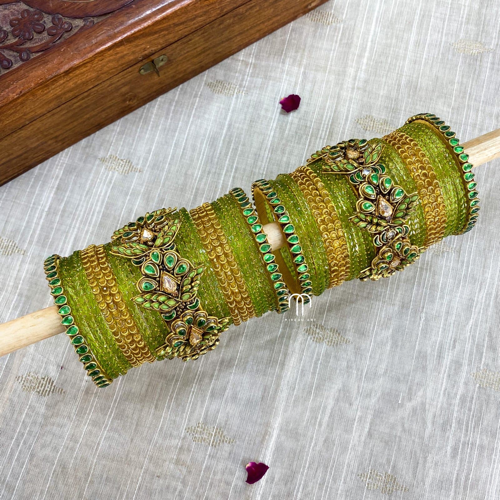 Kundan Bangles – 3D Blossom Statement Bangles ( Pista Green & Golden) from Bangle by Choice