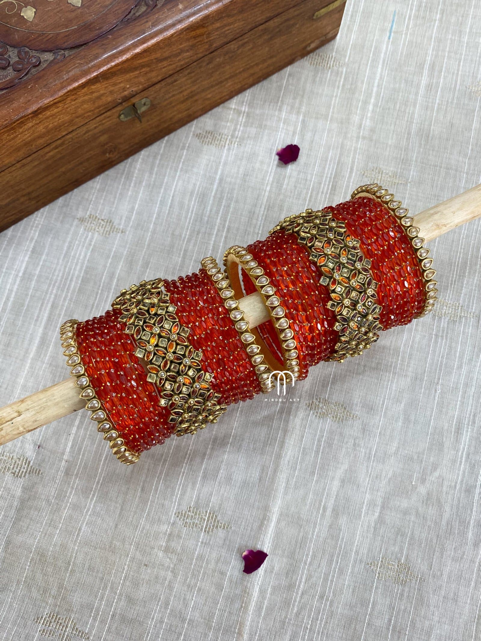 Kundan Bangles with glass bangles – Orange And Golden from Bangle by Choice