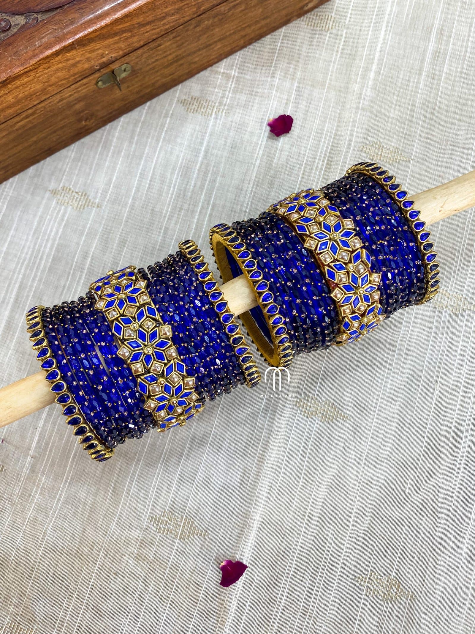 Kundan Bangles with glass bangles – Royal Blue And Golden from Bangle by Choice