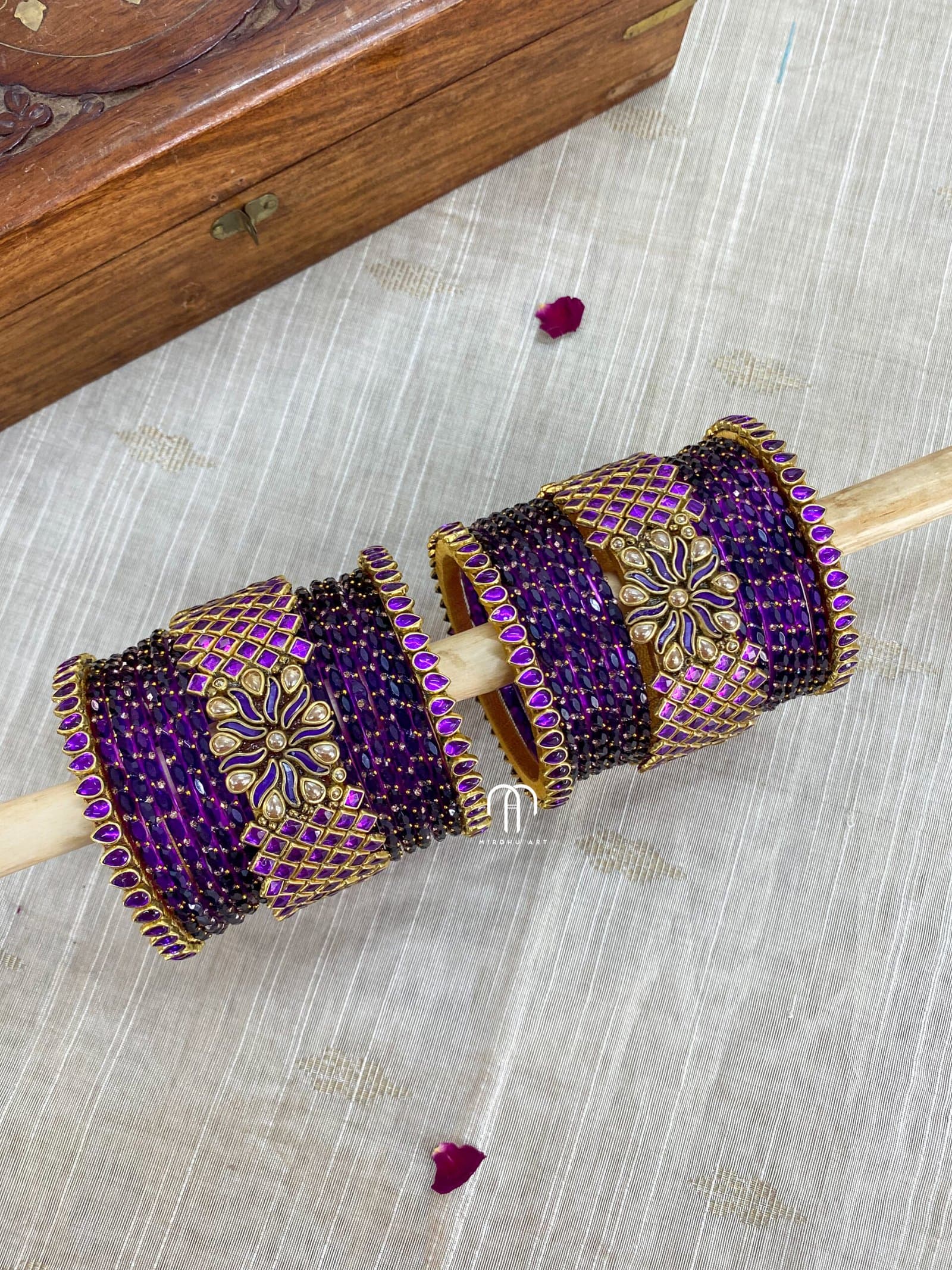 Kundan Bangles with glass bangles – Purple And Golden from Bangle by Choice