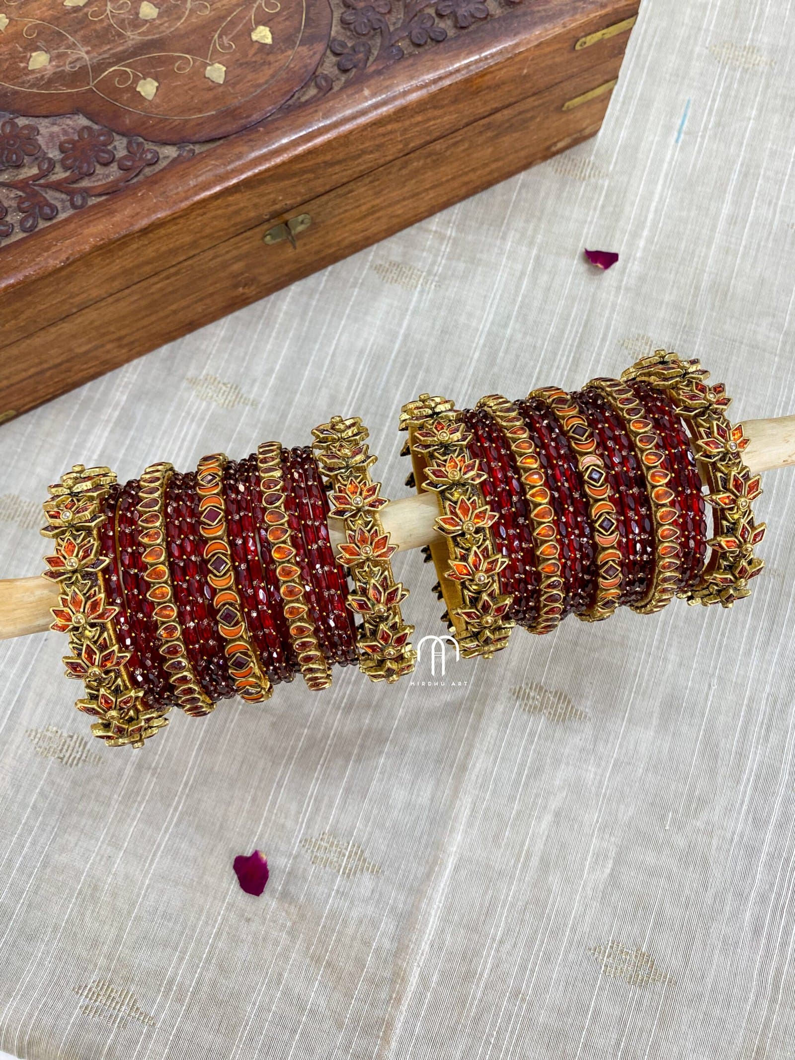 Kundan Bangles – Orange and Maroon Lotus kada set with glass bangles from Bangle by Choice