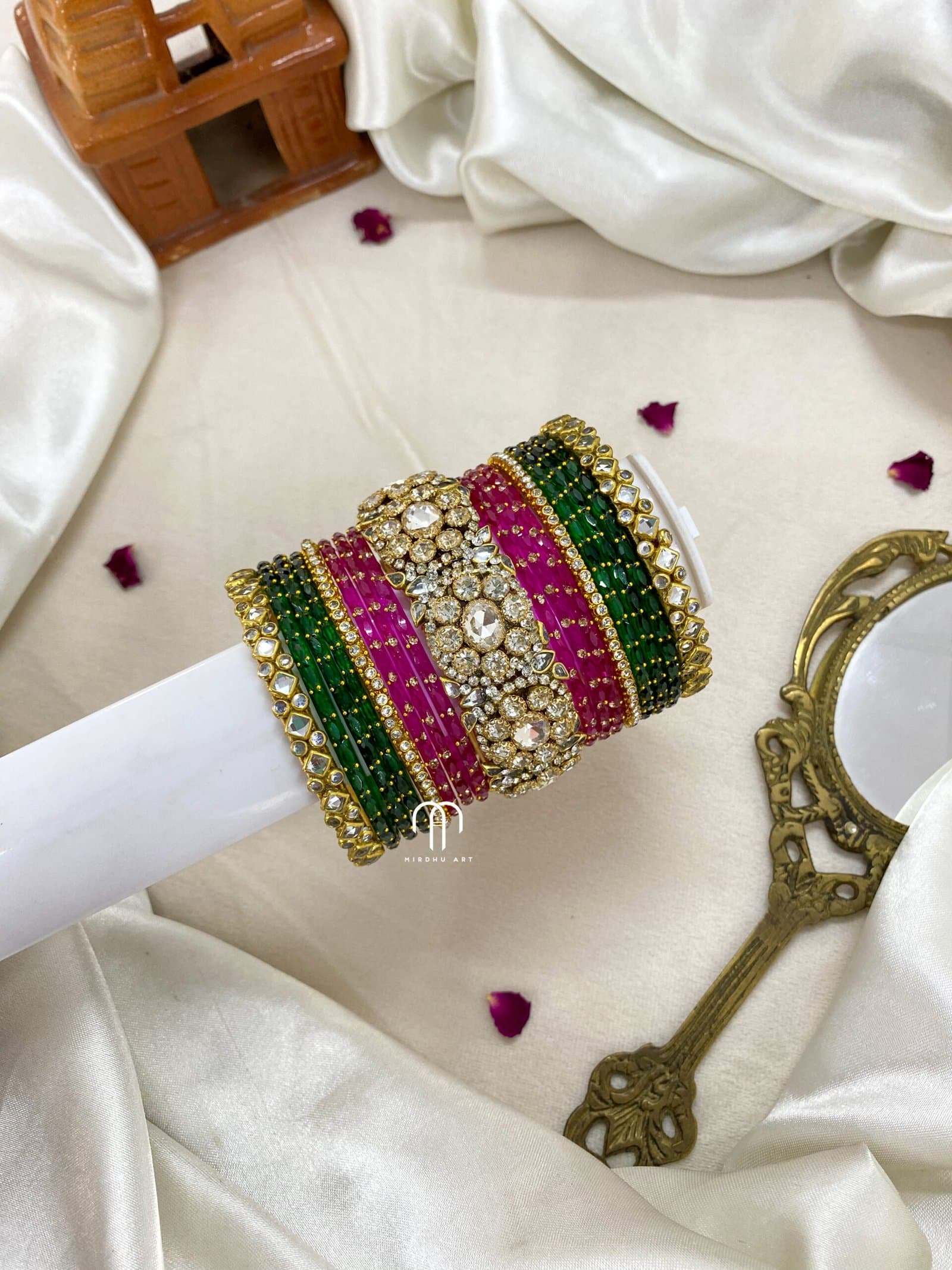 Polki Diamond Replica Bangles – Rani Pink & Green from Bangle by Choice